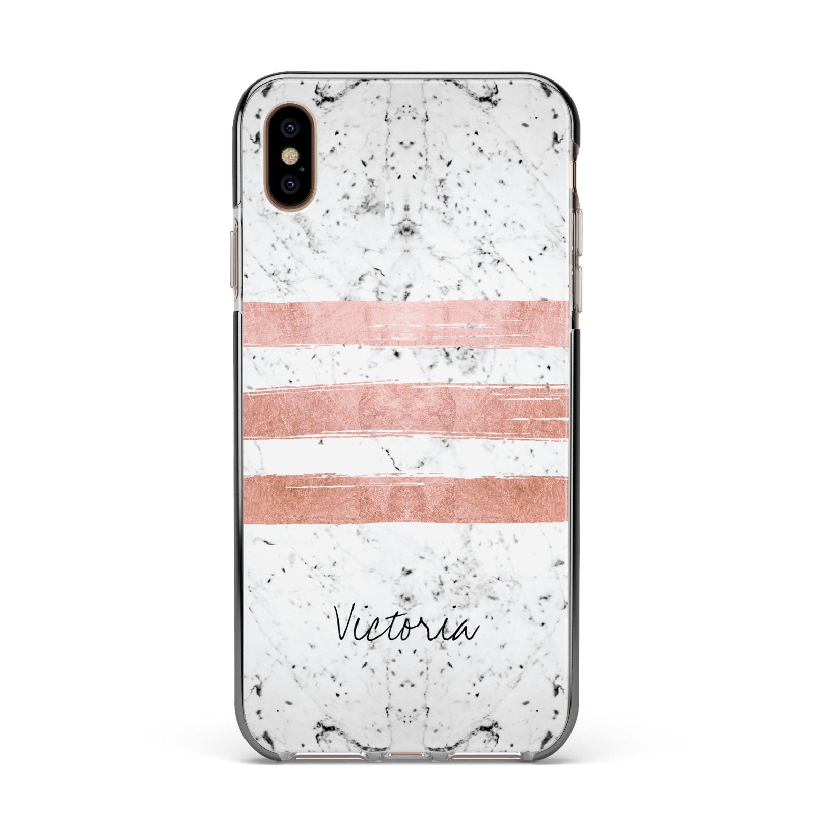 Personalised Rose Gold Brush Marble Initial Apple iPhone Xs Max Impact Case Black Edge on Gold Phone