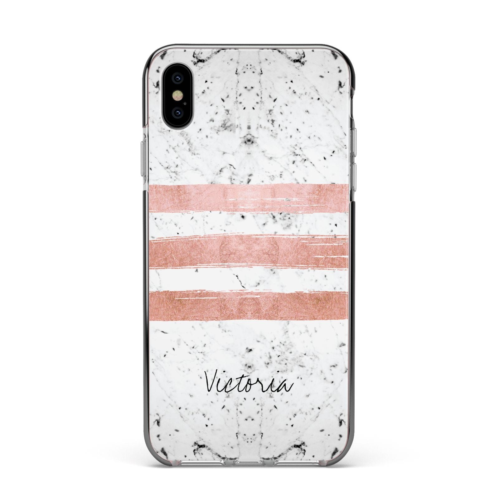 Personalised Rose Gold Brush Marble Initial Apple iPhone Xs Max Impact Case Black Edge on Silver Phone