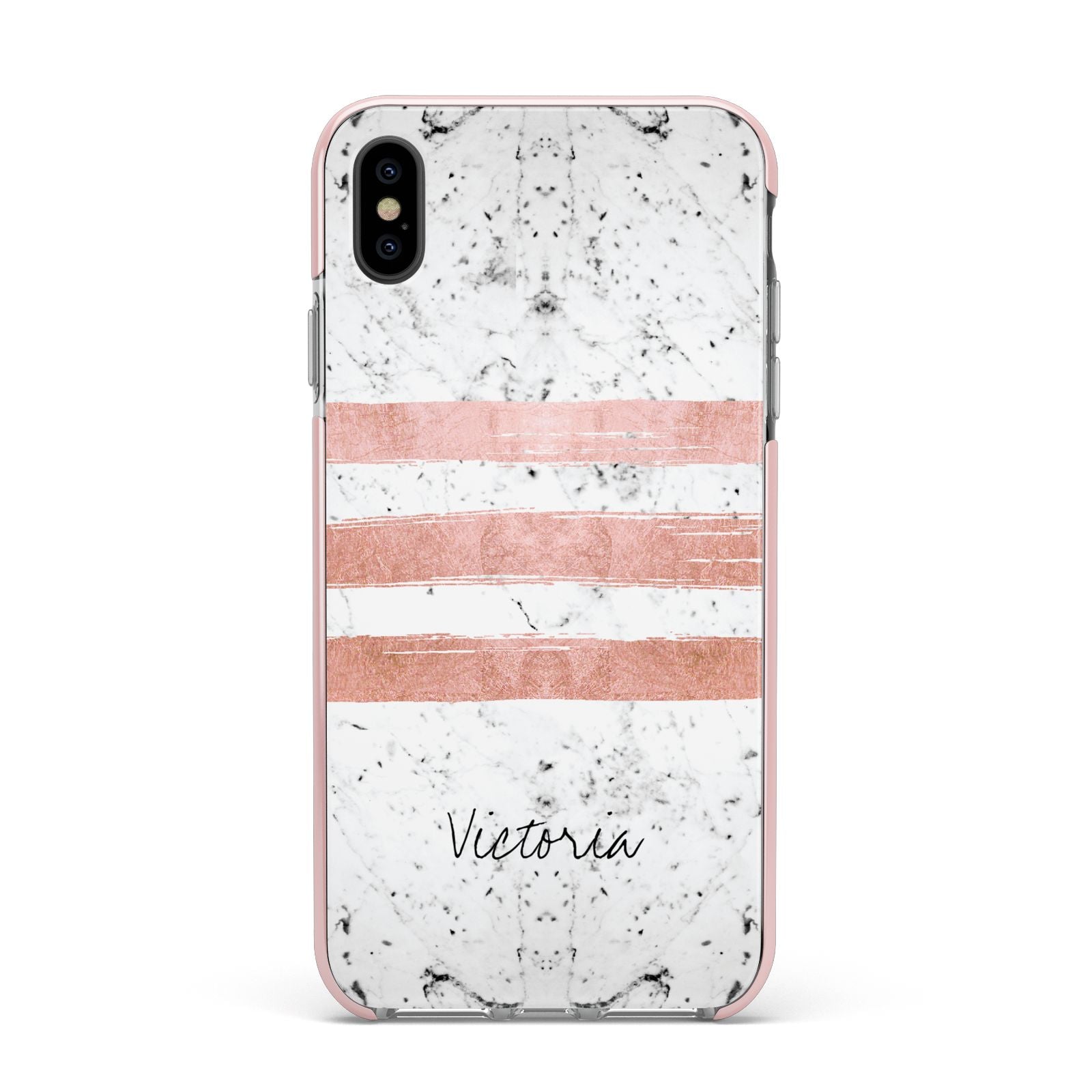 Personalised Rose Gold Brush Marble Initial Apple iPhone Xs Max Impact Case Pink Edge on Black Phone