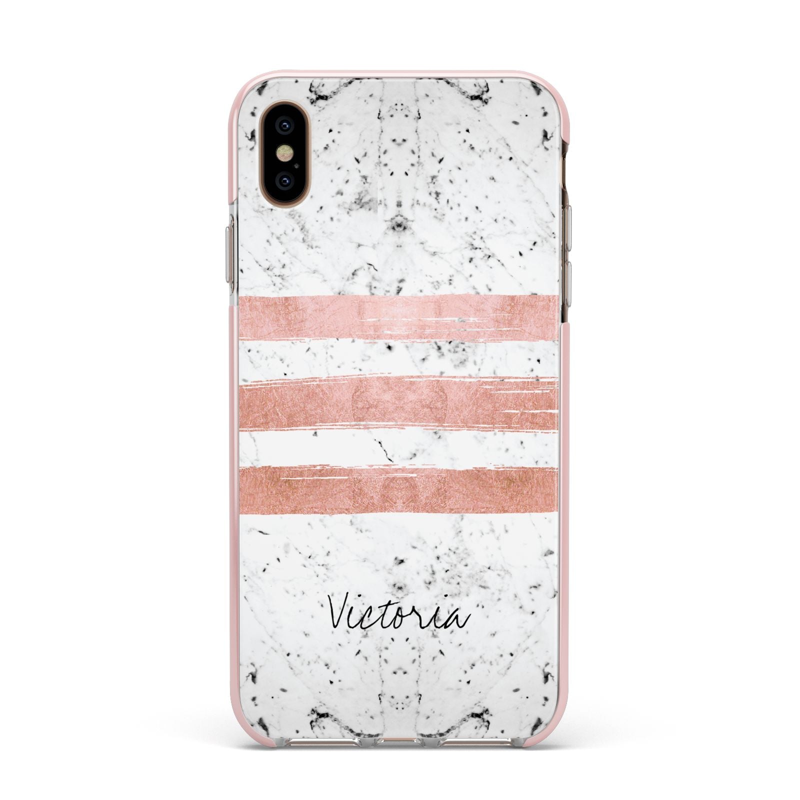 Personalised Rose Gold Brush Marble Initial Apple iPhone Xs Max Impact Case Pink Edge on Gold Phone