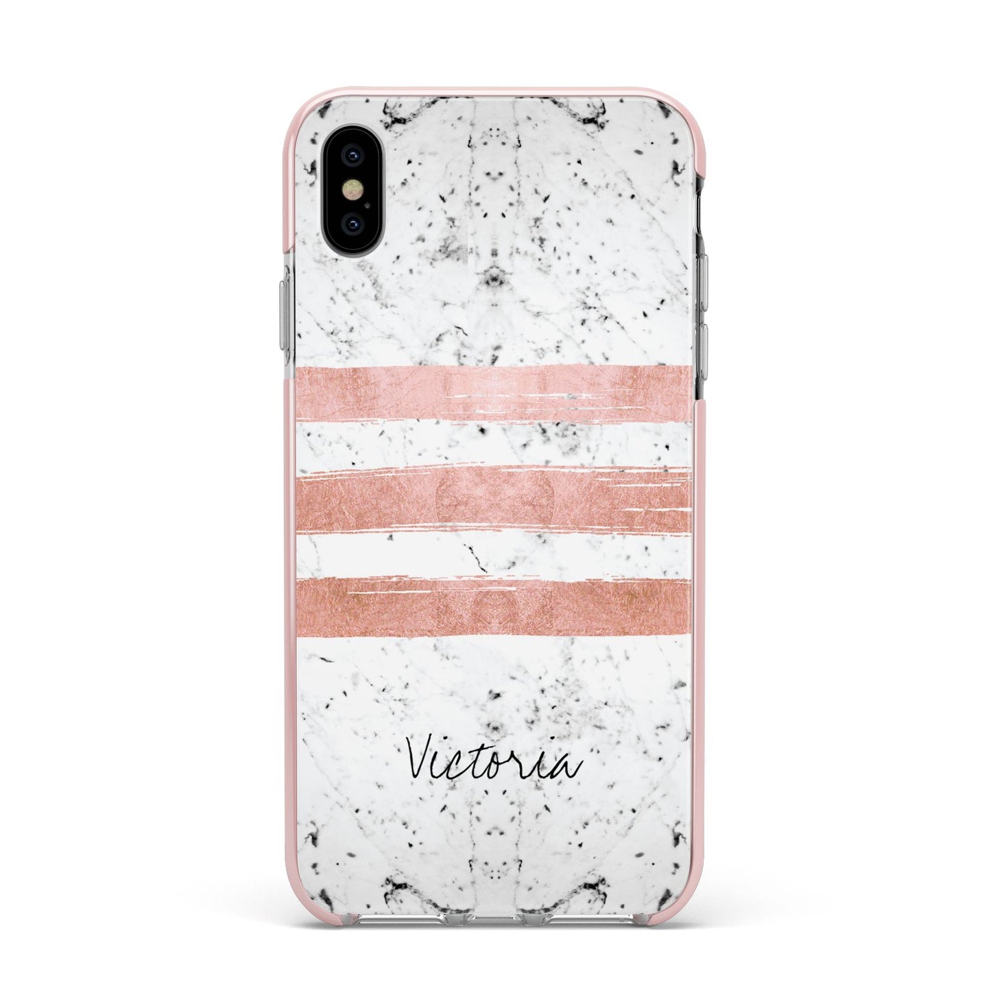 Personalised Rose Gold Brush Marble Initial Apple iPhone Xs Max Impact Case Pink Edge on Silver Phone