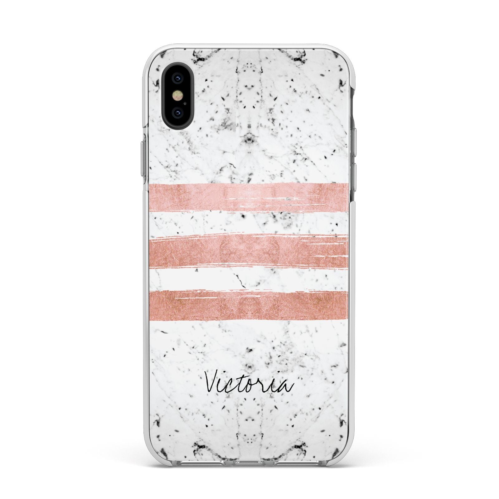 Personalised Rose Gold Brush Marble Initial Apple iPhone Xs Max Impact Case White Edge on Black Phone