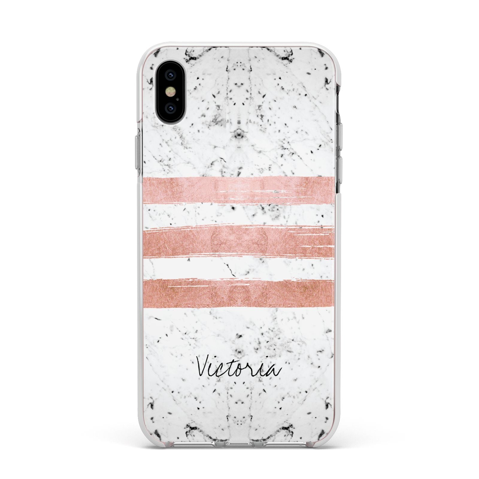 Personalised Rose Gold Brush Marble Initial Apple iPhone Xs Max Impact Case White Edge on Silver Phone