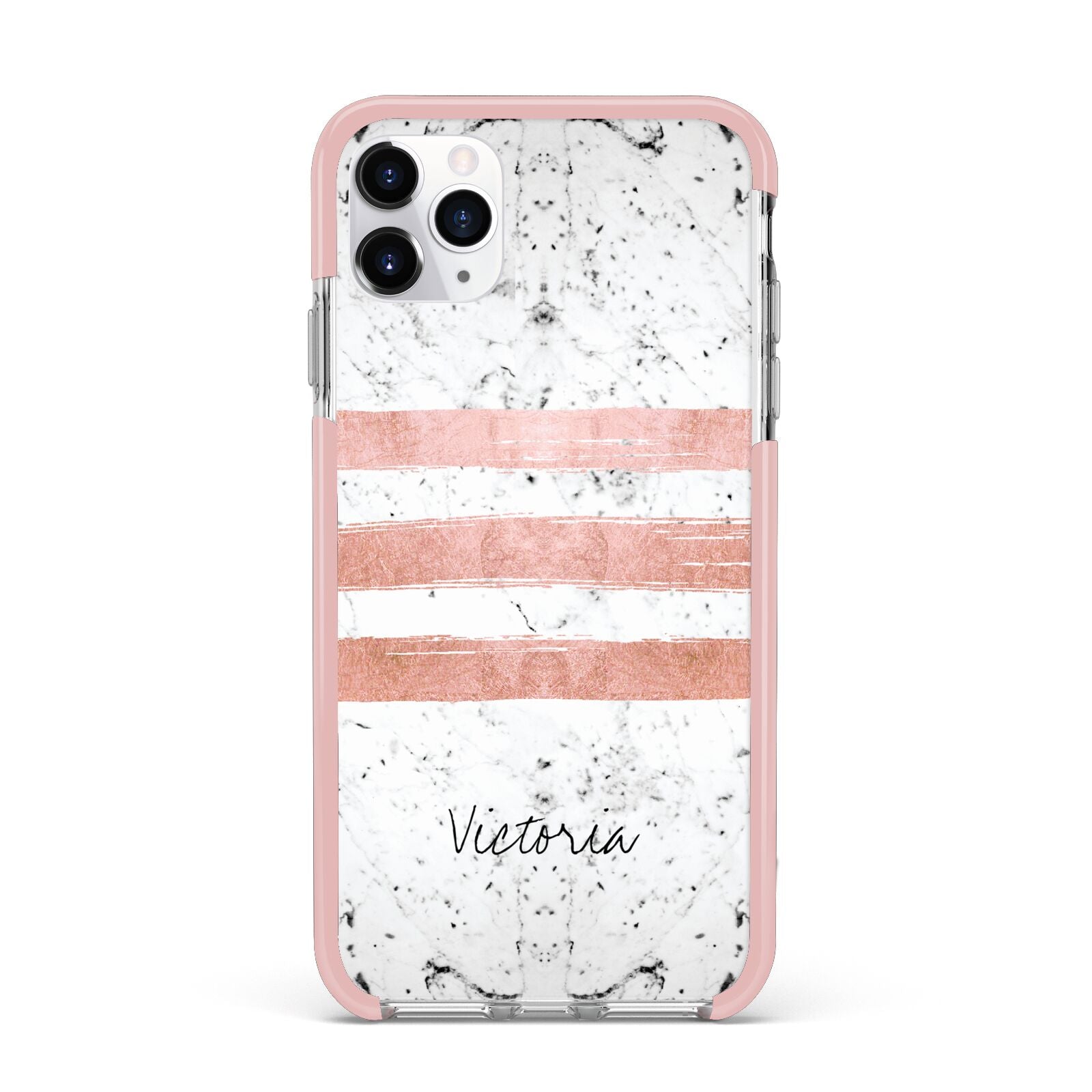 Personalised Rose Gold Brush Marble Initial iPhone 11 Pro Max Impact Pink Edge Case