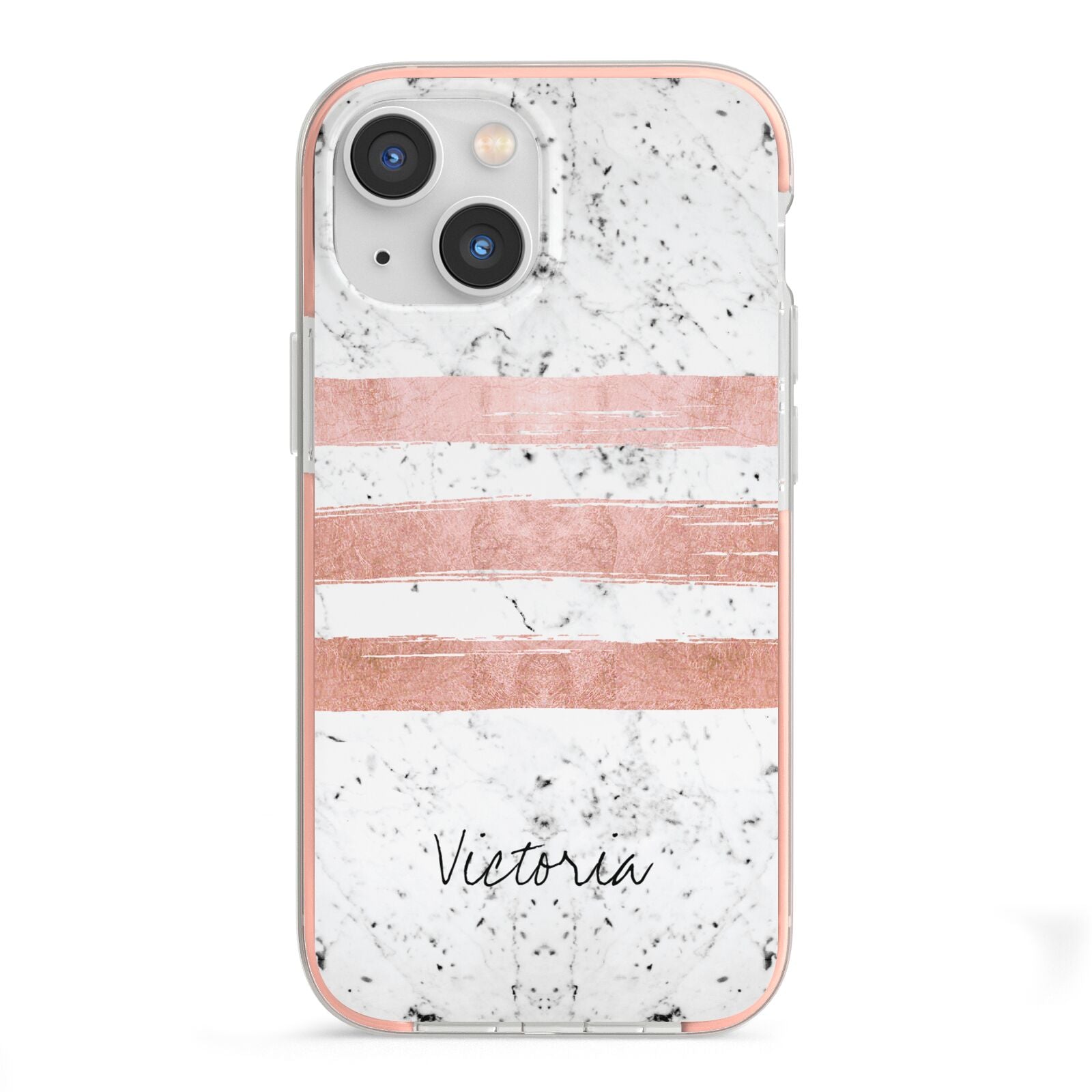 Personalised Rose Gold Brush Marble Initial iPhone 13 Mini TPU Impact Case with Pink Edges