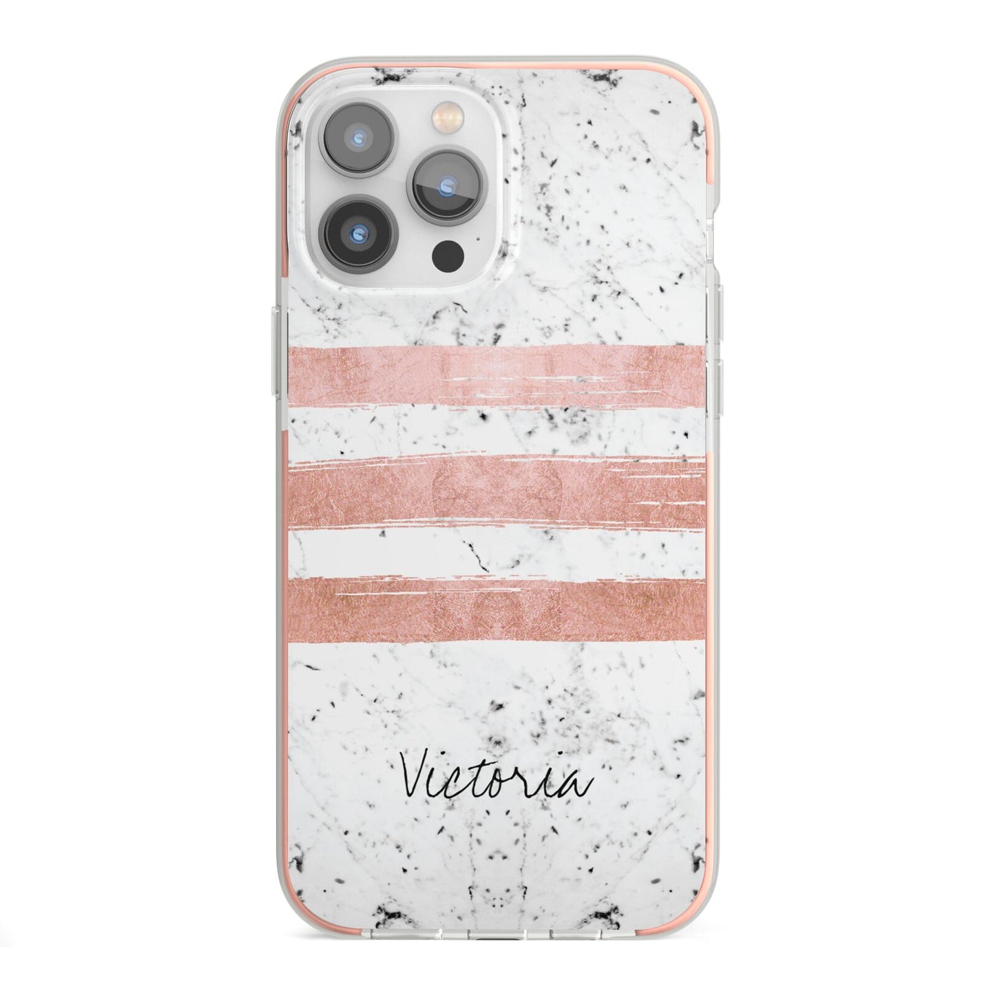 Personalised Rose Gold Brush Marble Initial iPhone 13 Pro Max TPU Impact Case with Pink Edges