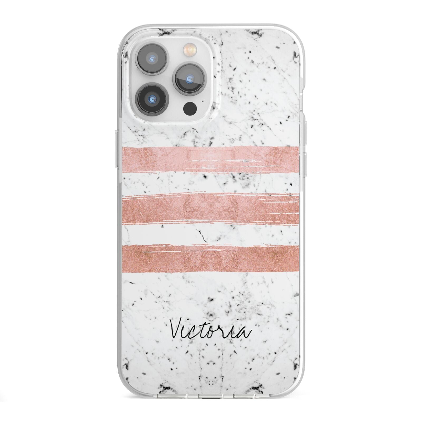 Personalised Rose Gold Brush Marble Initial iPhone 13 Pro Max TPU Impact Case with White Edges