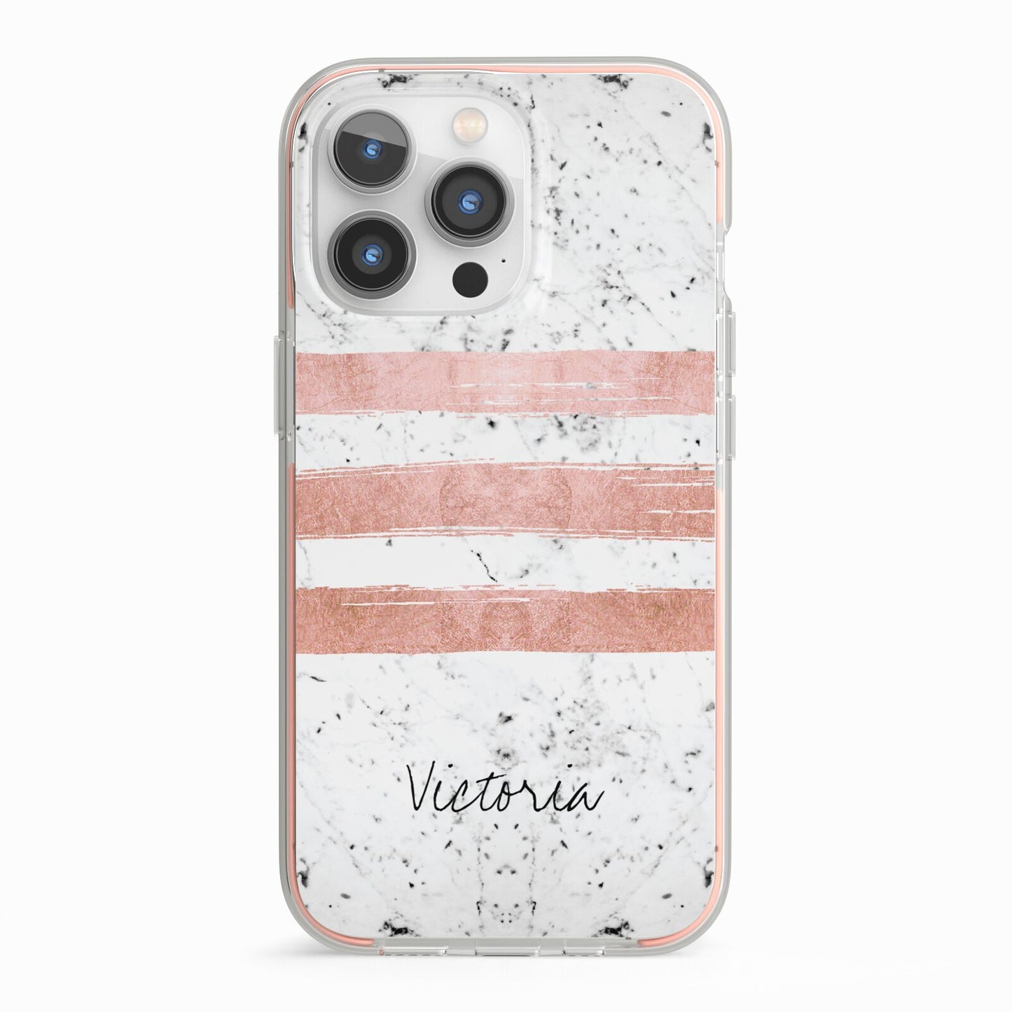 Personalised Rose Gold Brush Marble Initial iPhone 13 Pro TPU Impact Case with Pink Edges