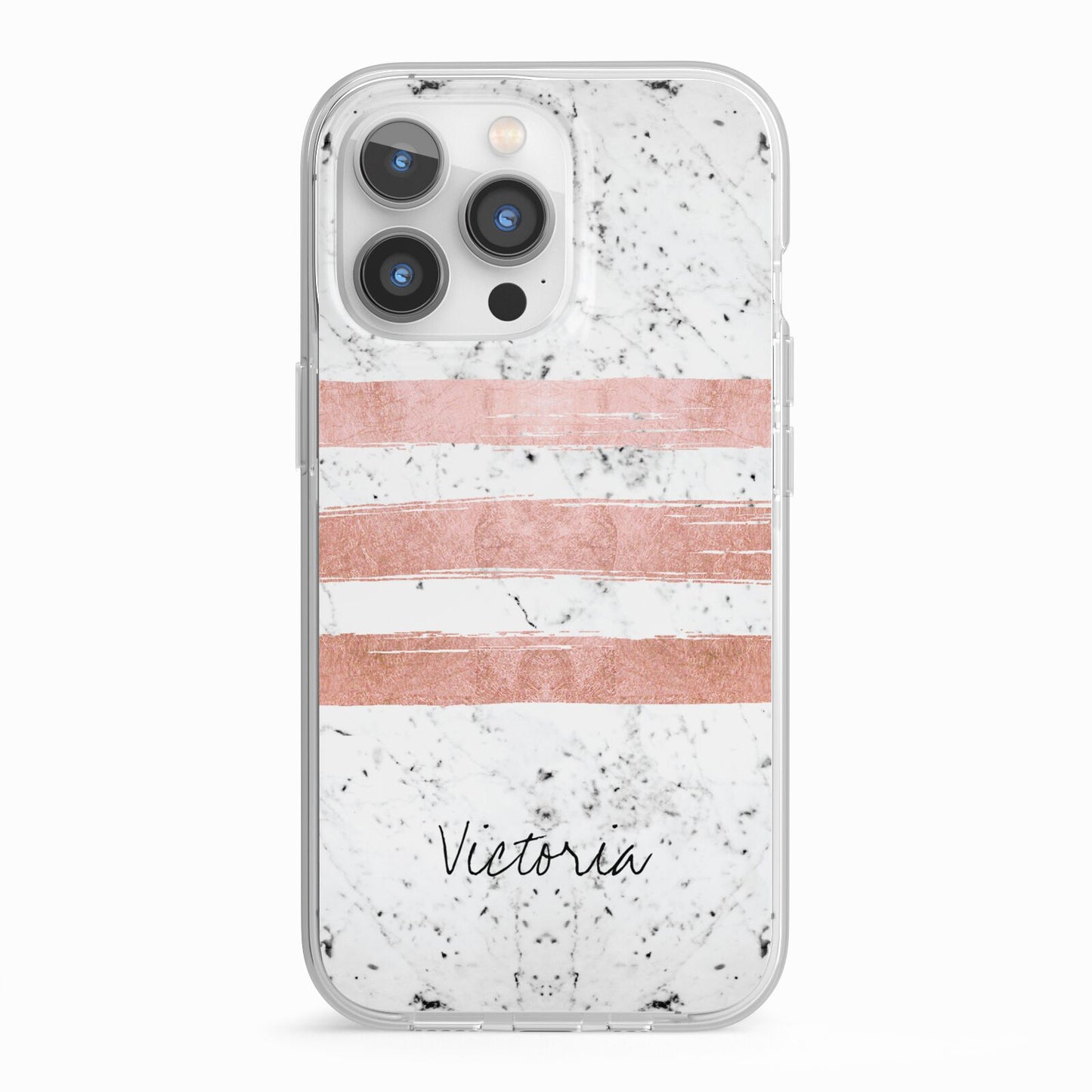 Personalised Rose Gold Brush Marble Initial iPhone 13 Pro TPU Impact Case with White Edges