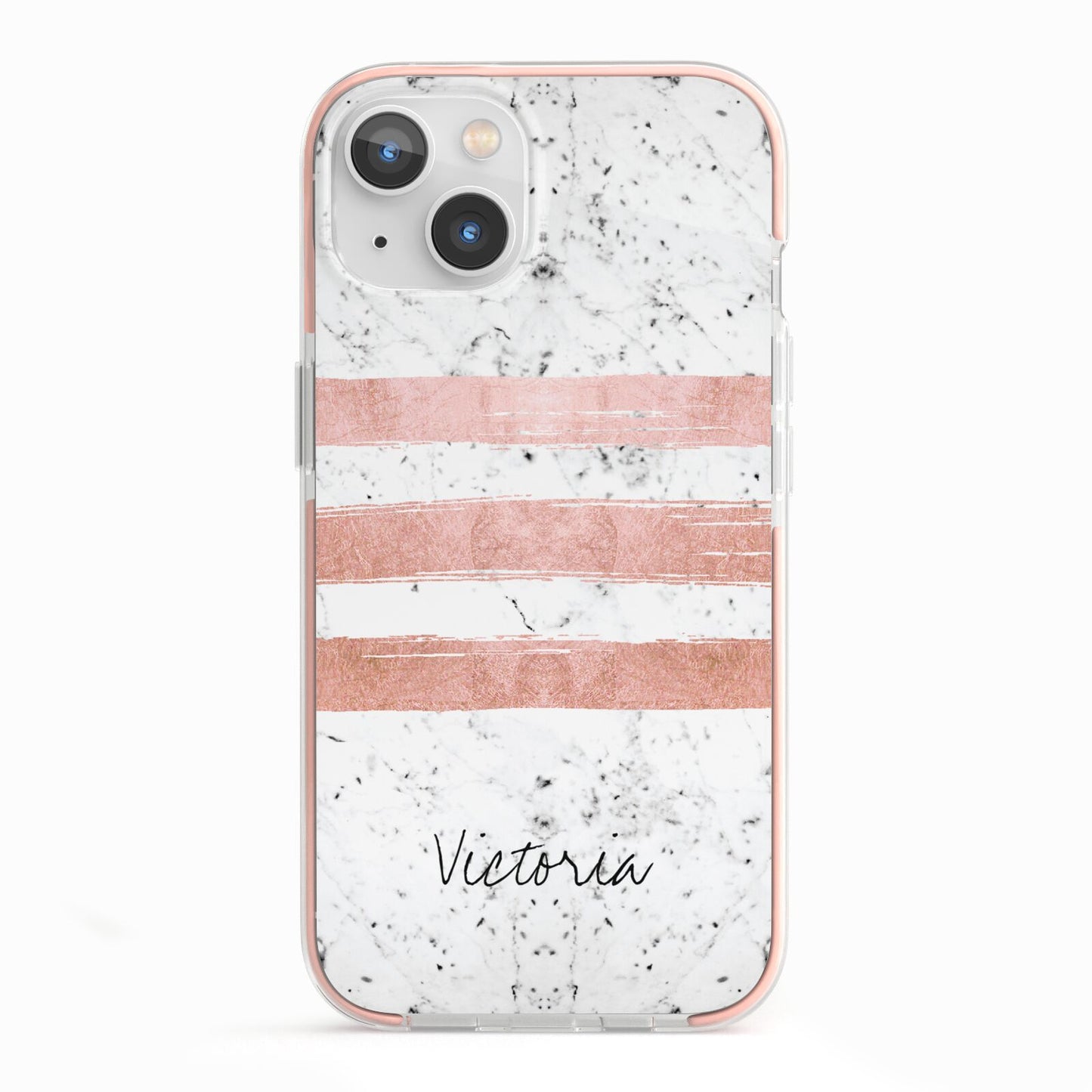 Personalised Rose Gold Brush Marble Initial iPhone 13 TPU Impact Case with Pink Edges