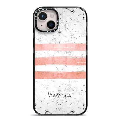 Personalised Rose Gold Brush Marble Initial iPhone 14 Plus Black Impact Case on Silver phone