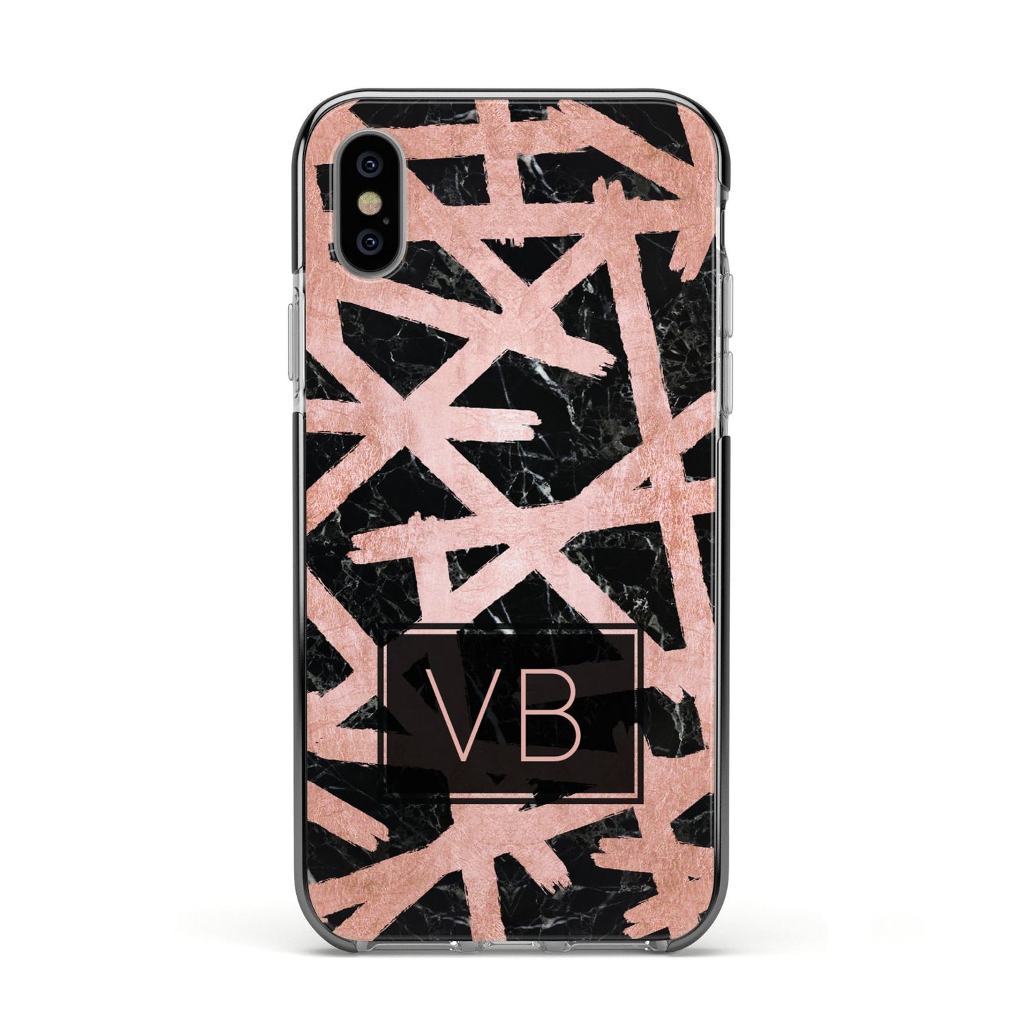 Personalised Rose Gold Effect Apple iPhone Xs Impact Case Black Edge on Silver Phone