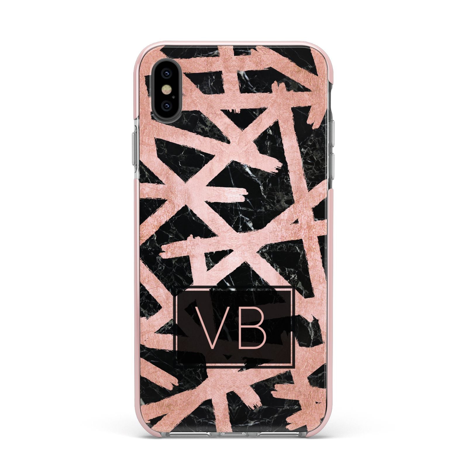 Personalised Rose Gold Effect Apple iPhone Xs Max Impact Case Pink Edge on Black Phone