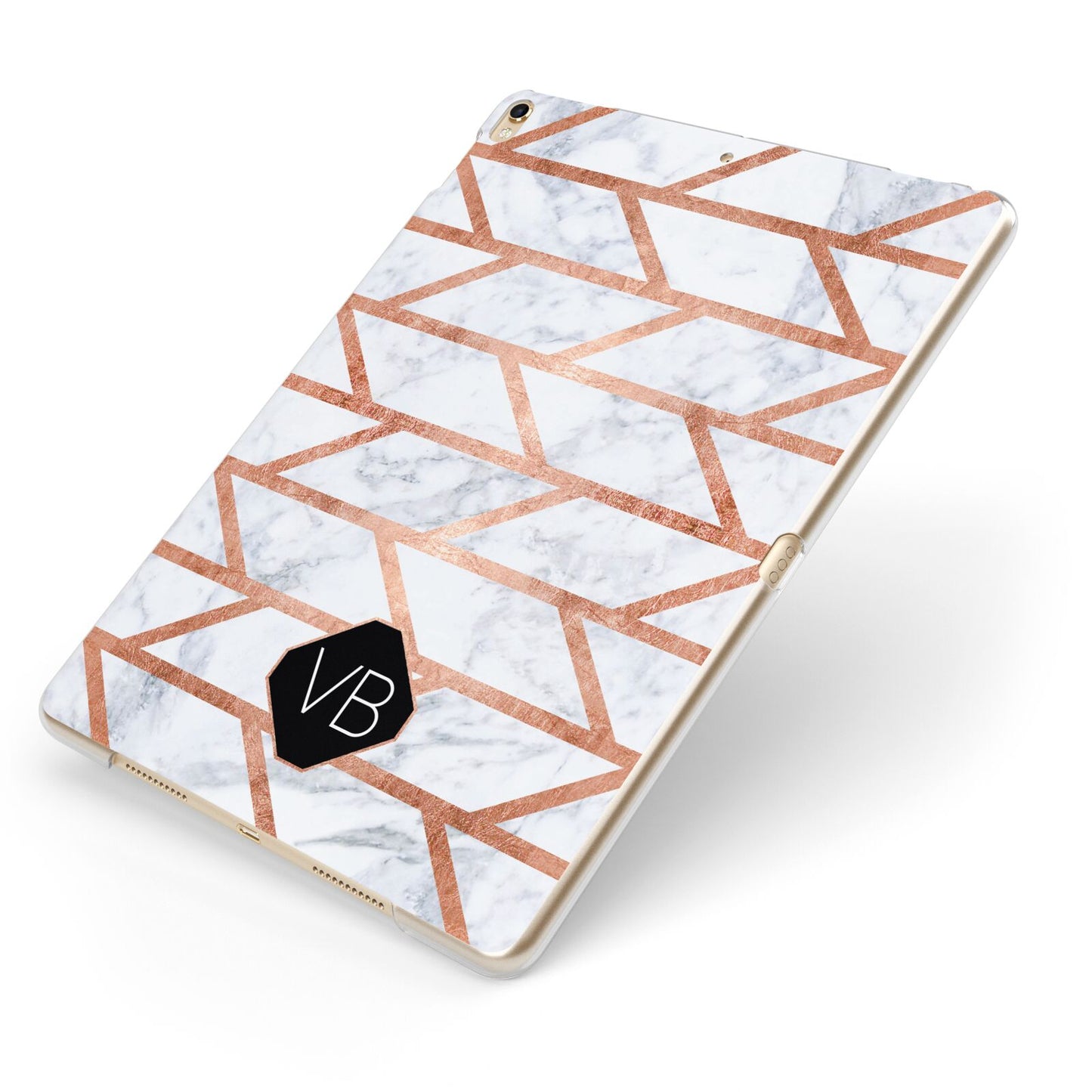 Personalised Rose Gold Faux Marble Initials Apple iPad Case on Gold iPad Side View