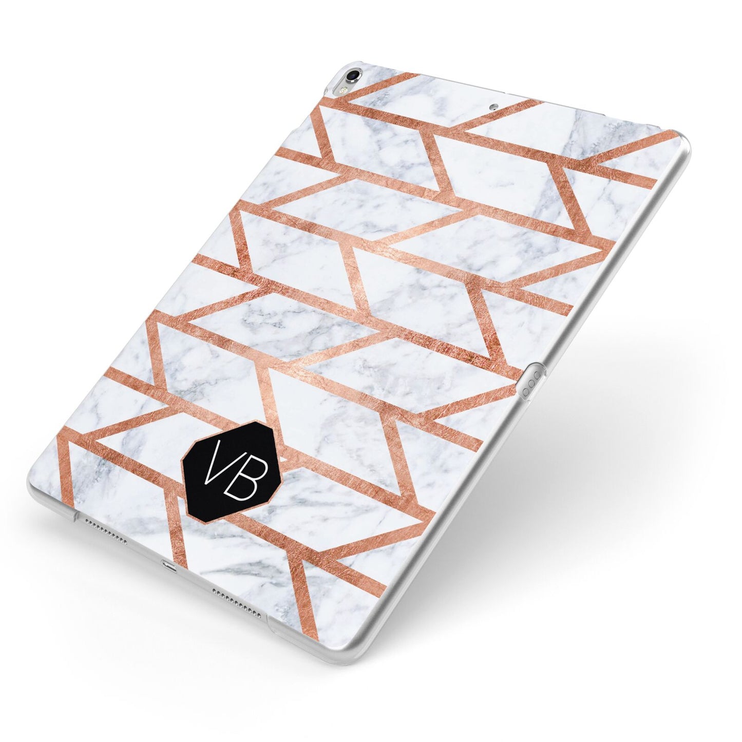 Personalised Rose Gold Faux Marble Initials Apple iPad Case on Silver iPad Side View