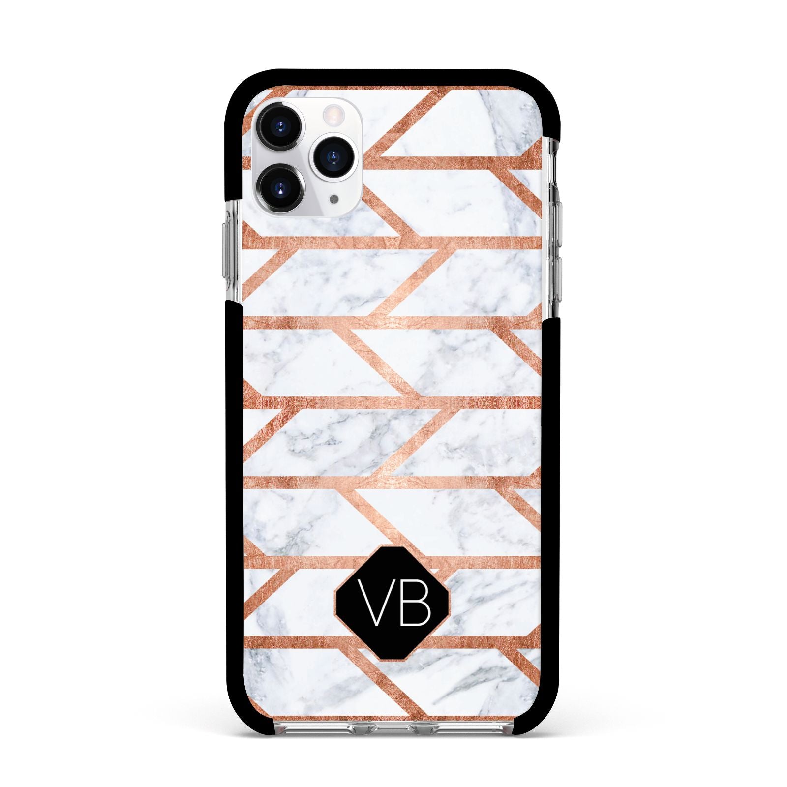 Personalised Rose Gold Faux Marble Initials Apple iPhone 11 Pro Max in Silver with Black Impact Case