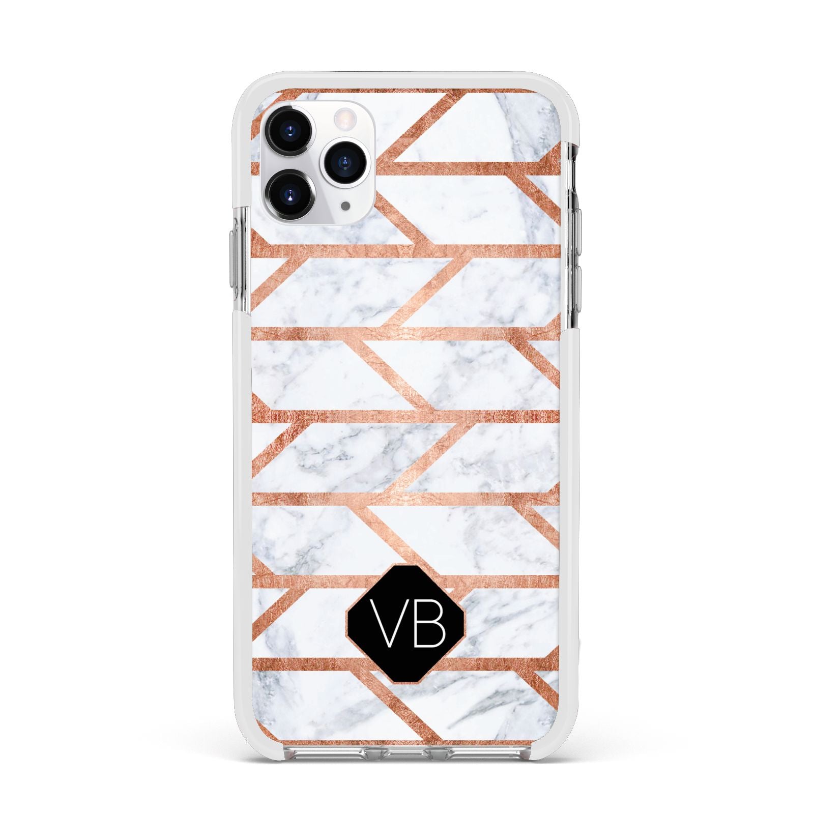 Personalised Rose Gold Faux Marble Initials Apple iPhone 11 Pro Max in Silver with White Impact Case