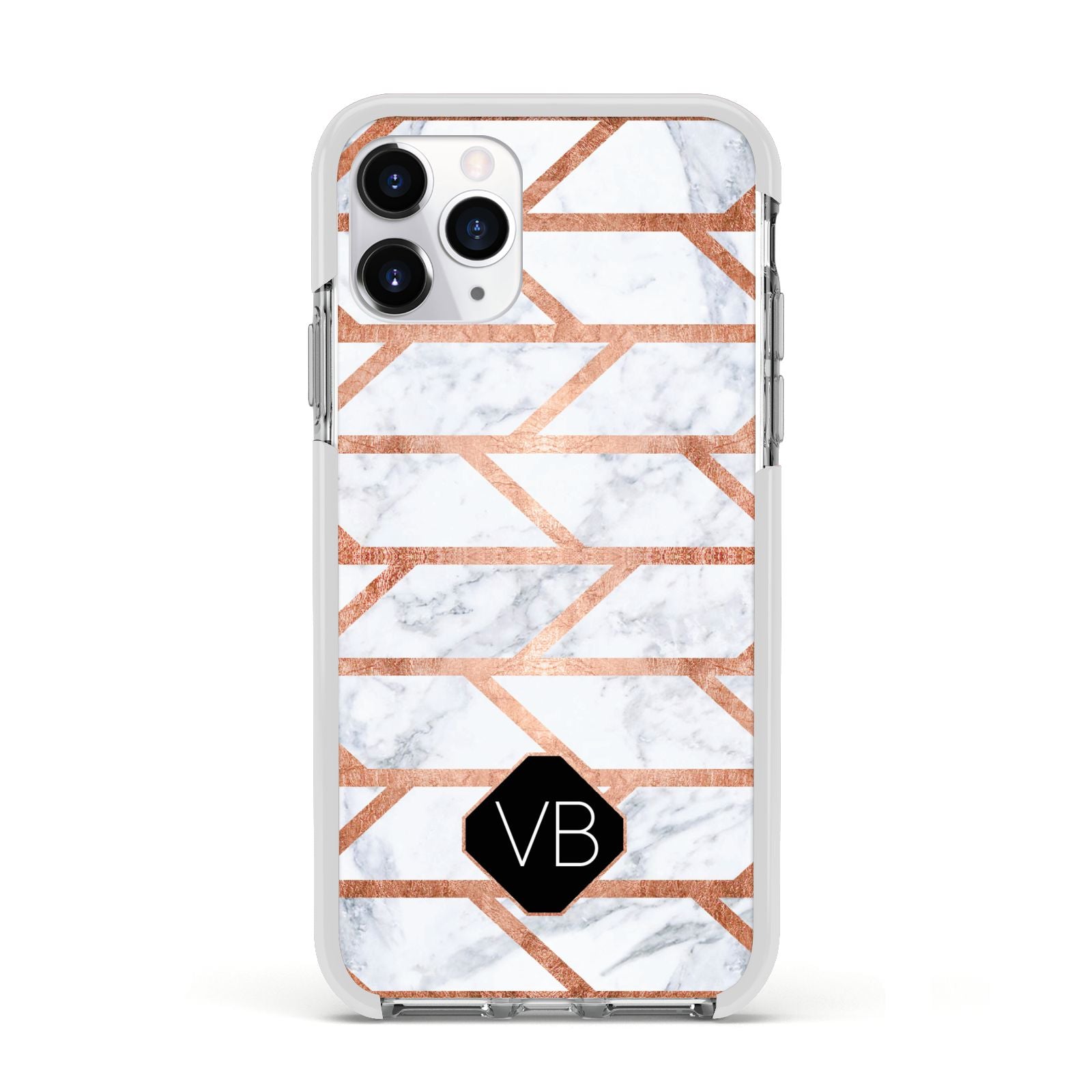 Personalised Rose Gold Faux Marble Initials Apple iPhone 11 Pro in Silver with White Impact Case