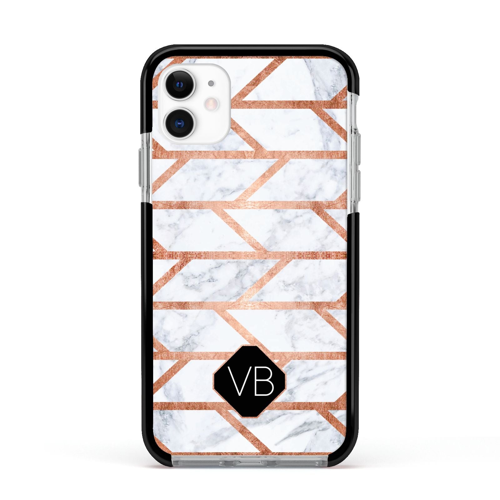 Personalised Rose Gold Faux Marble Initials Apple iPhone 11 in White with Black Impact Case