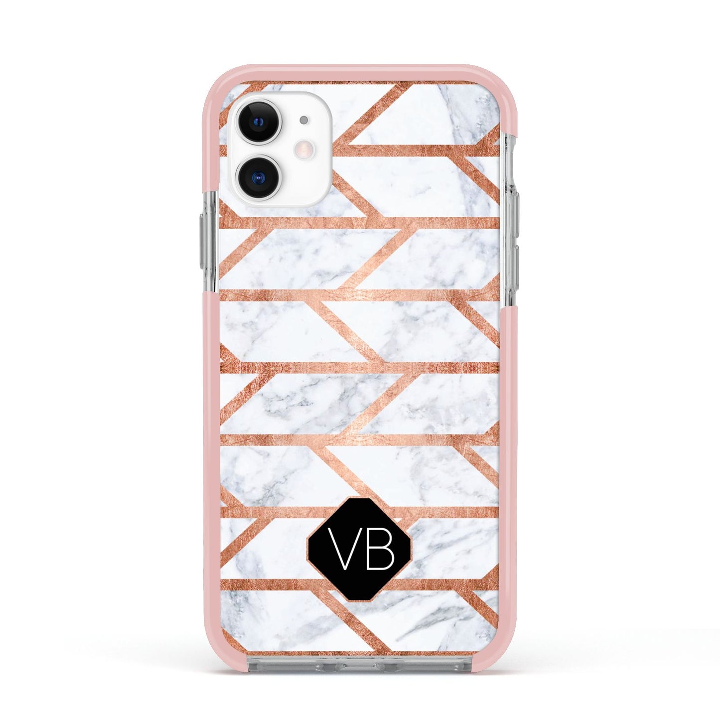 Personalised Rose Gold Faux Marble Initials Apple iPhone 11 in White with Pink Impact Case