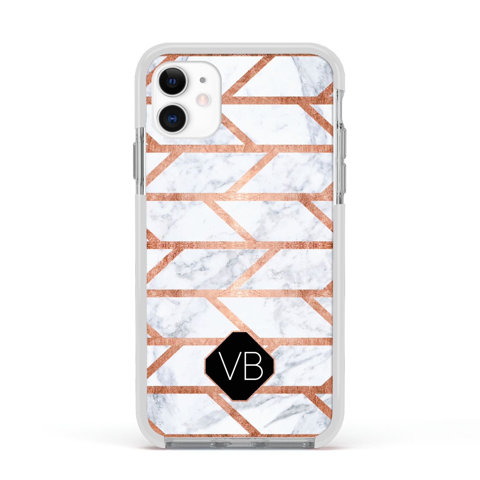 Personalised Rose Gold Faux Marble Initials Apple iPhone 11 in White with White Impact Case