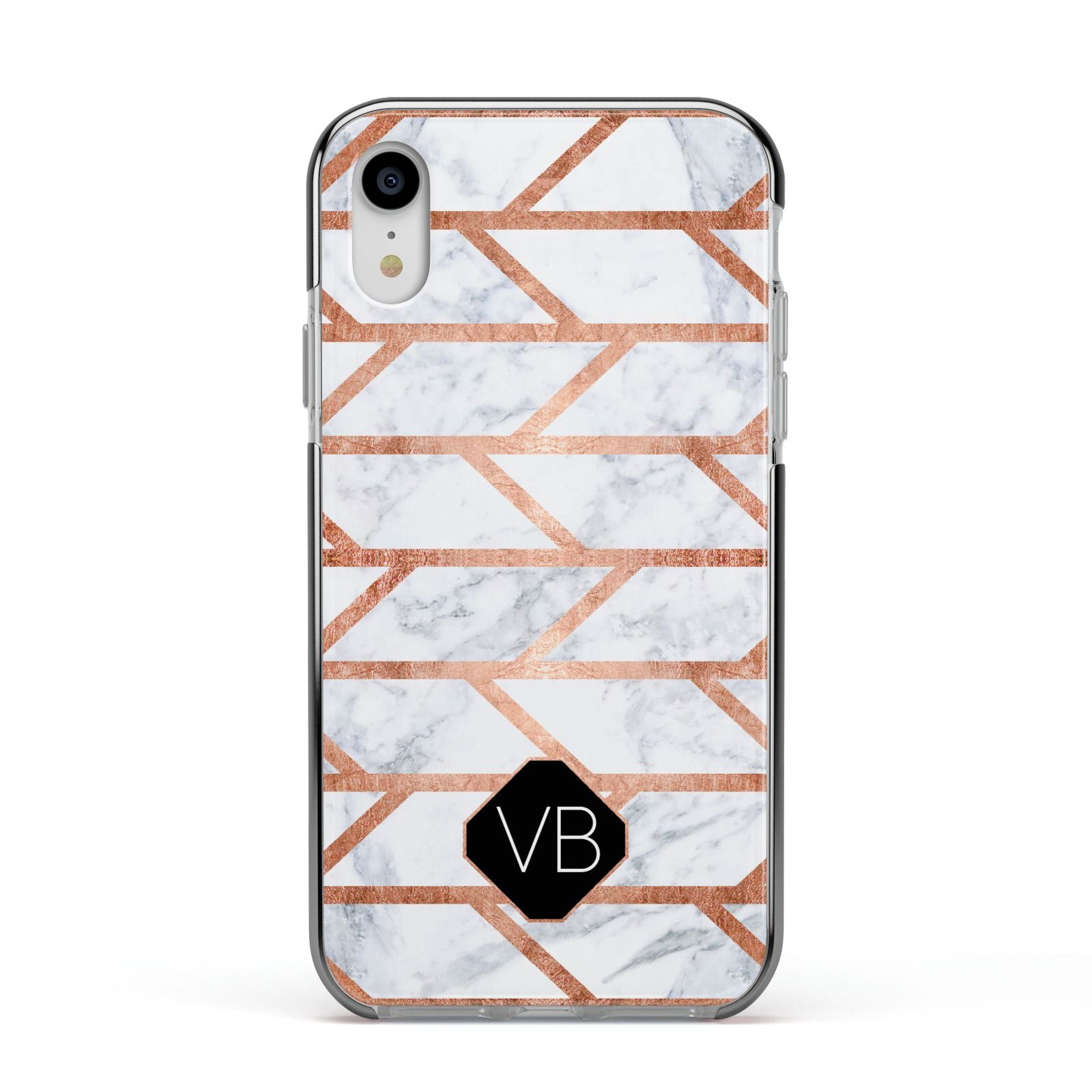 Personalised Rose Gold Faux Marble Initials Apple iPhone XR Impact Case Black Edge on Silver Phone