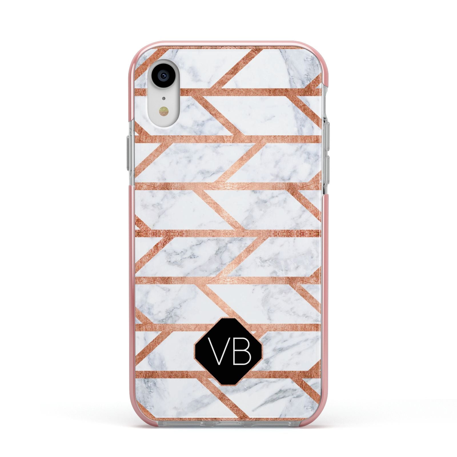Personalised Rose Gold Faux Marble Initials Apple iPhone XR Impact Case Pink Edge on Silver Phone