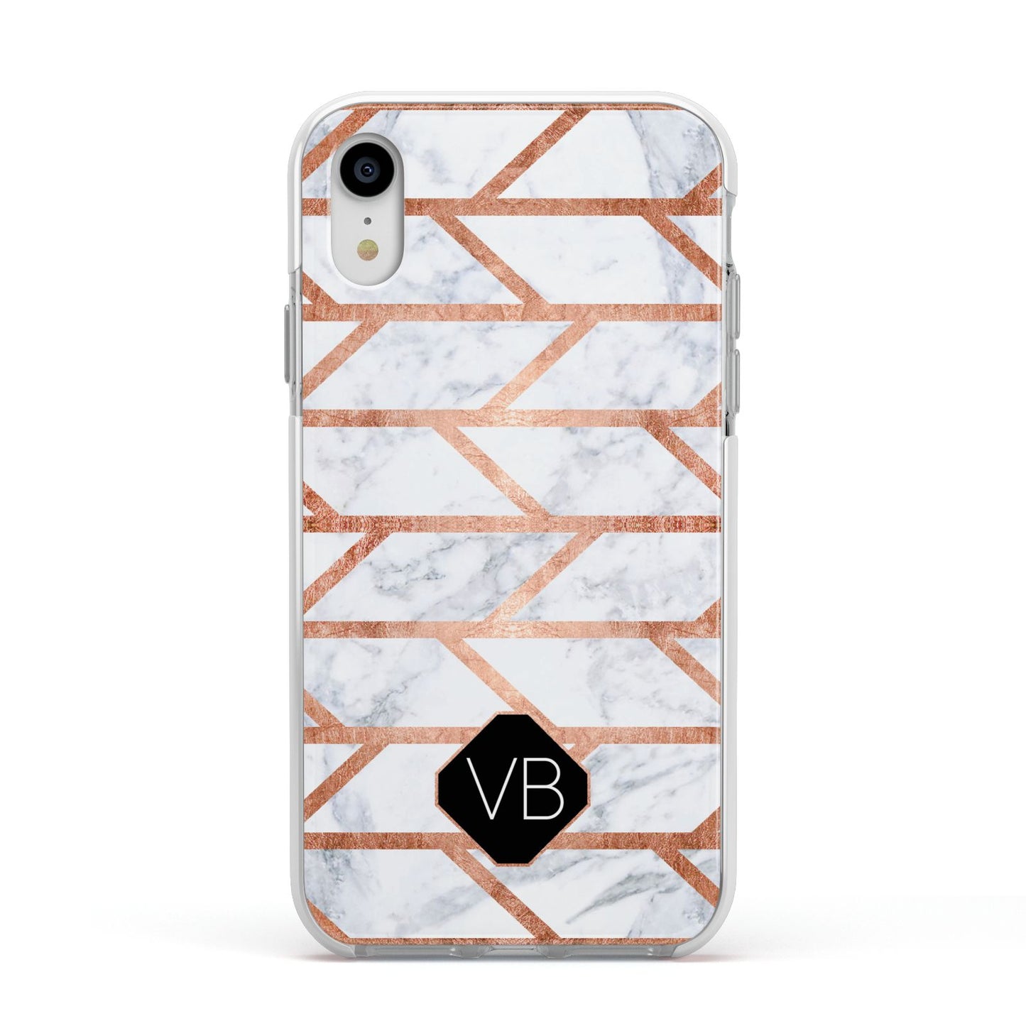 Personalised Rose Gold Faux Marble Initials Apple iPhone XR Impact Case White Edge on Silver Phone