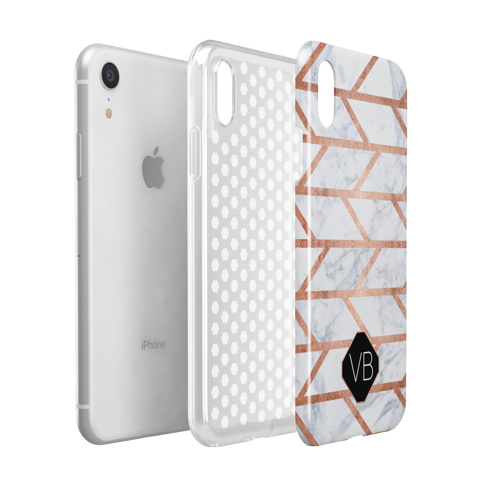 Personalised Rose Gold Faux Marble Initials Apple iPhone XR White 3D Tough Case Expanded view