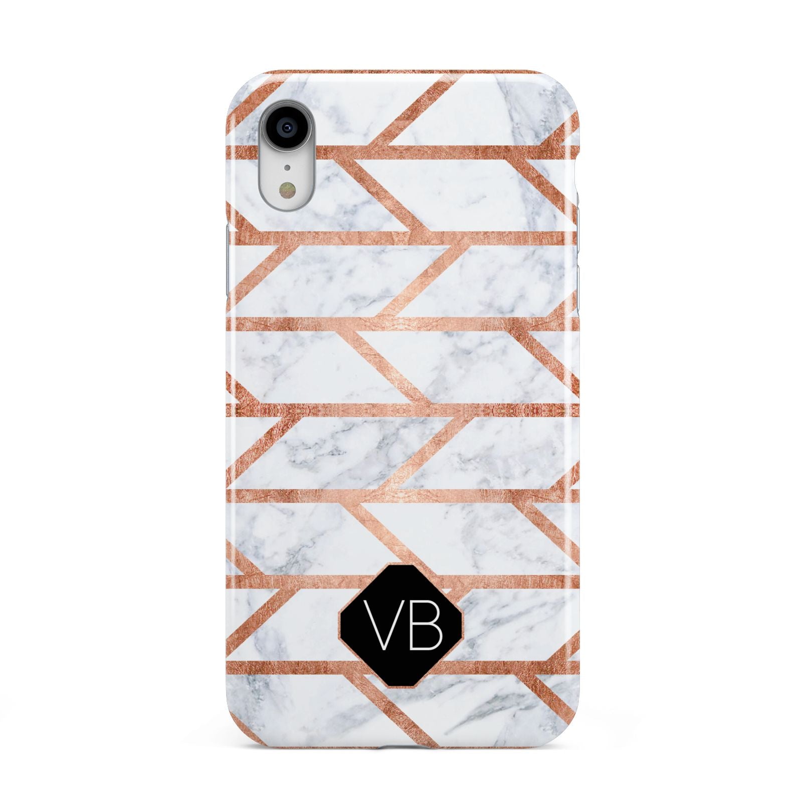 Personalised Rose Gold Faux Marble Initials Apple iPhone XR White 3D Tough Case