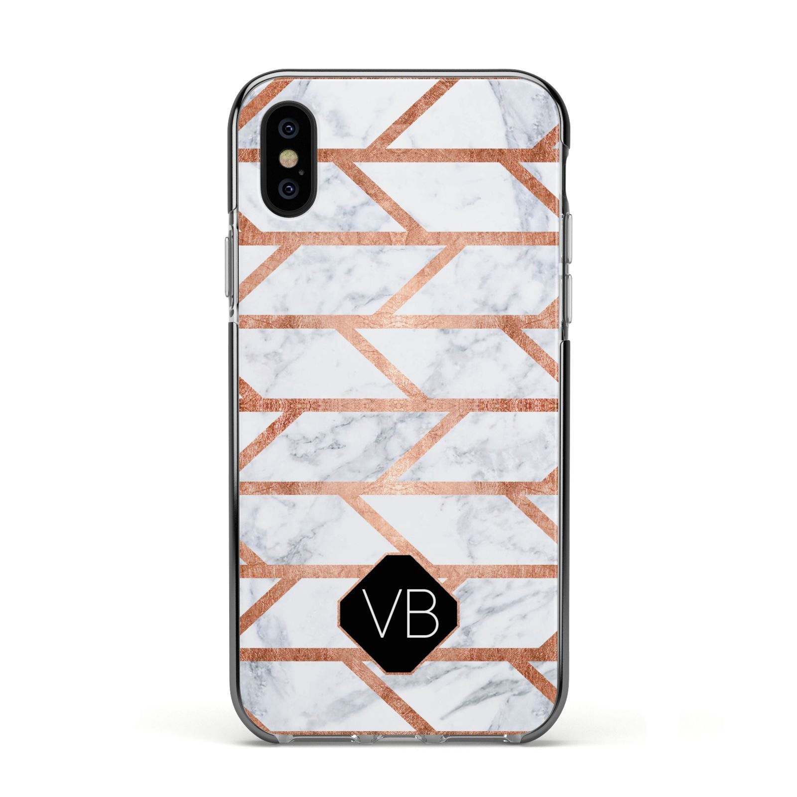 Personalised Rose Gold Faux Marble Initials Apple iPhone Xs Impact Case Black Edge on Black Phone