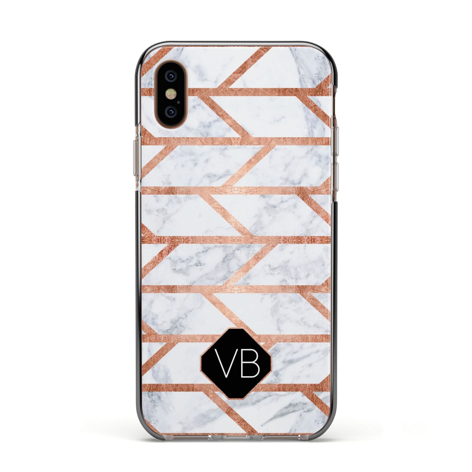 Personalised Rose Gold Faux Marble Initials Apple iPhone Xs Impact Case Black Edge on Gold Phone