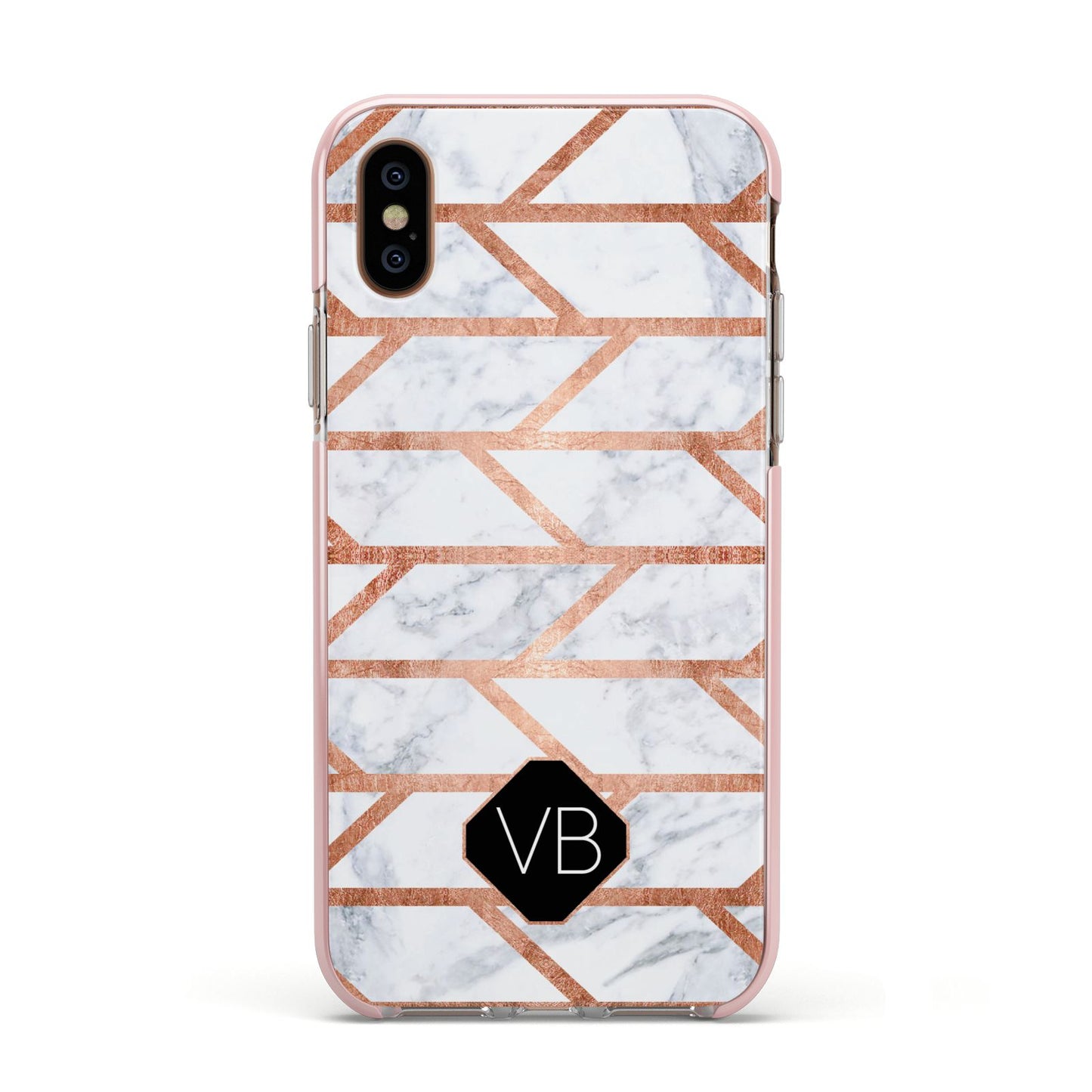 Personalised Rose Gold Faux Marble Initials Apple iPhone Xs Impact Case Pink Edge on Gold Phone