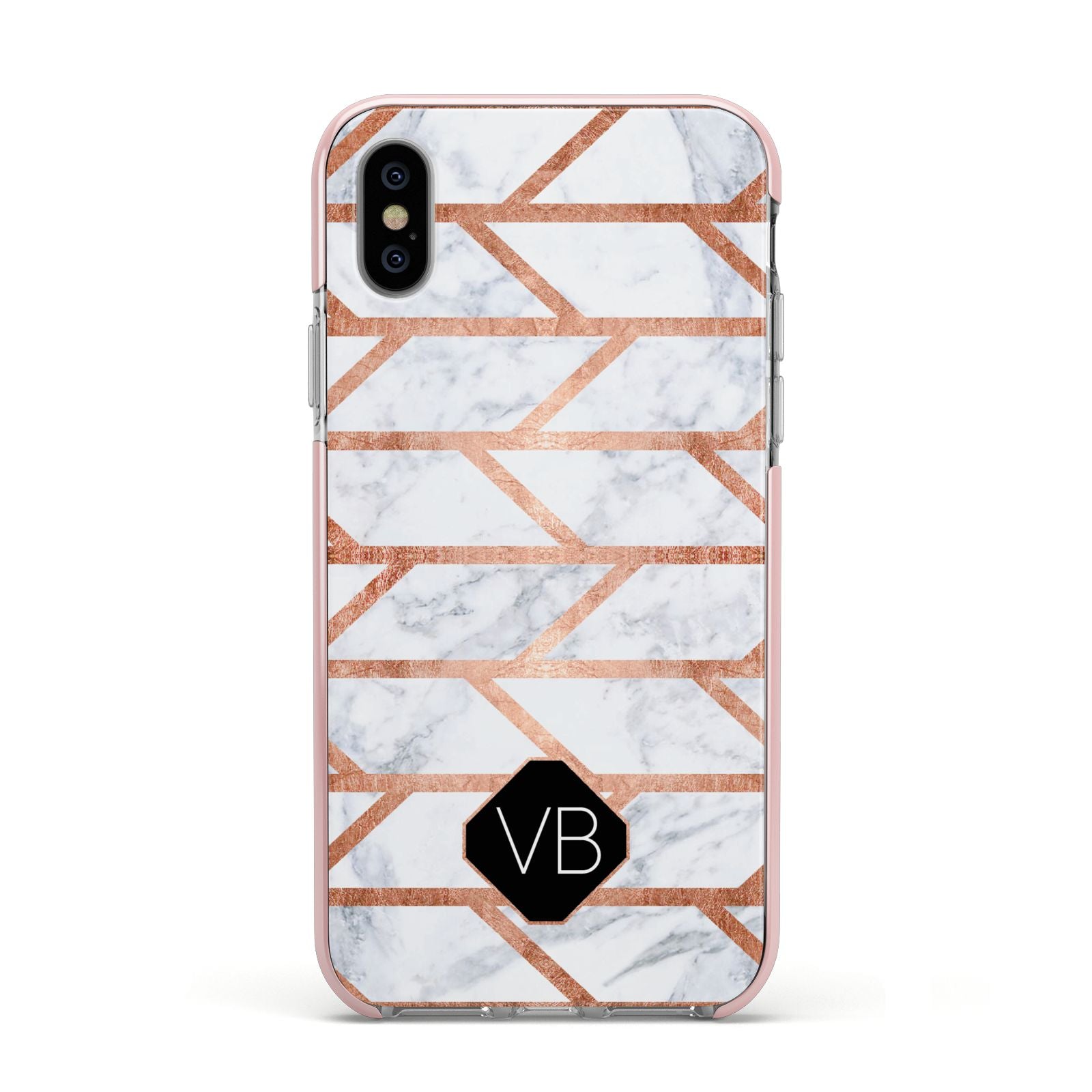 Personalised Rose Gold Faux Marble Initials Apple iPhone Xs Impact Case Pink Edge on Silver Phone