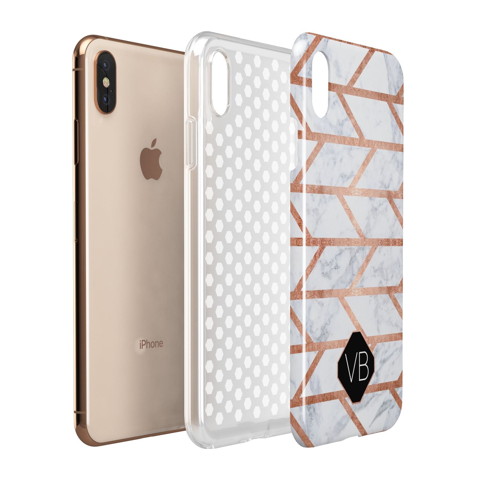 Personalised Rose Gold Faux Marble Initials Apple iPhone Xs Max 3D Tough Case Expanded View