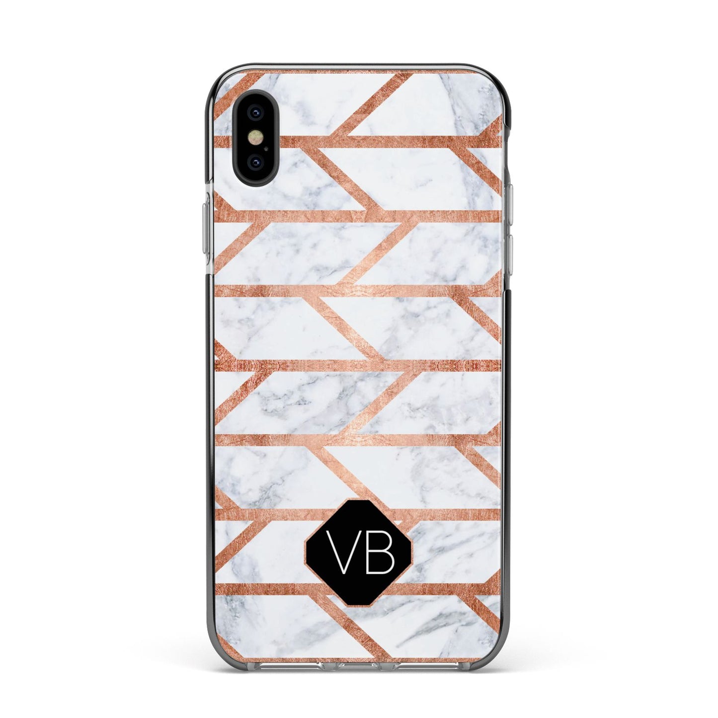Personalised Rose Gold Faux Marble Initials Apple iPhone Xs Max Impact Case Black Edge on Black Phone
