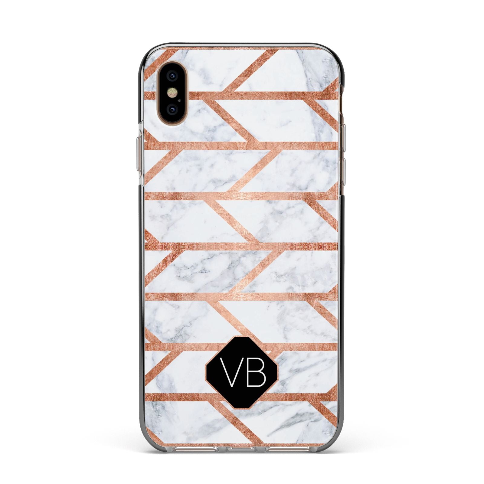 Personalised Rose Gold Faux Marble Initials Apple iPhone Xs Max Impact Case Black Edge on Gold Phone