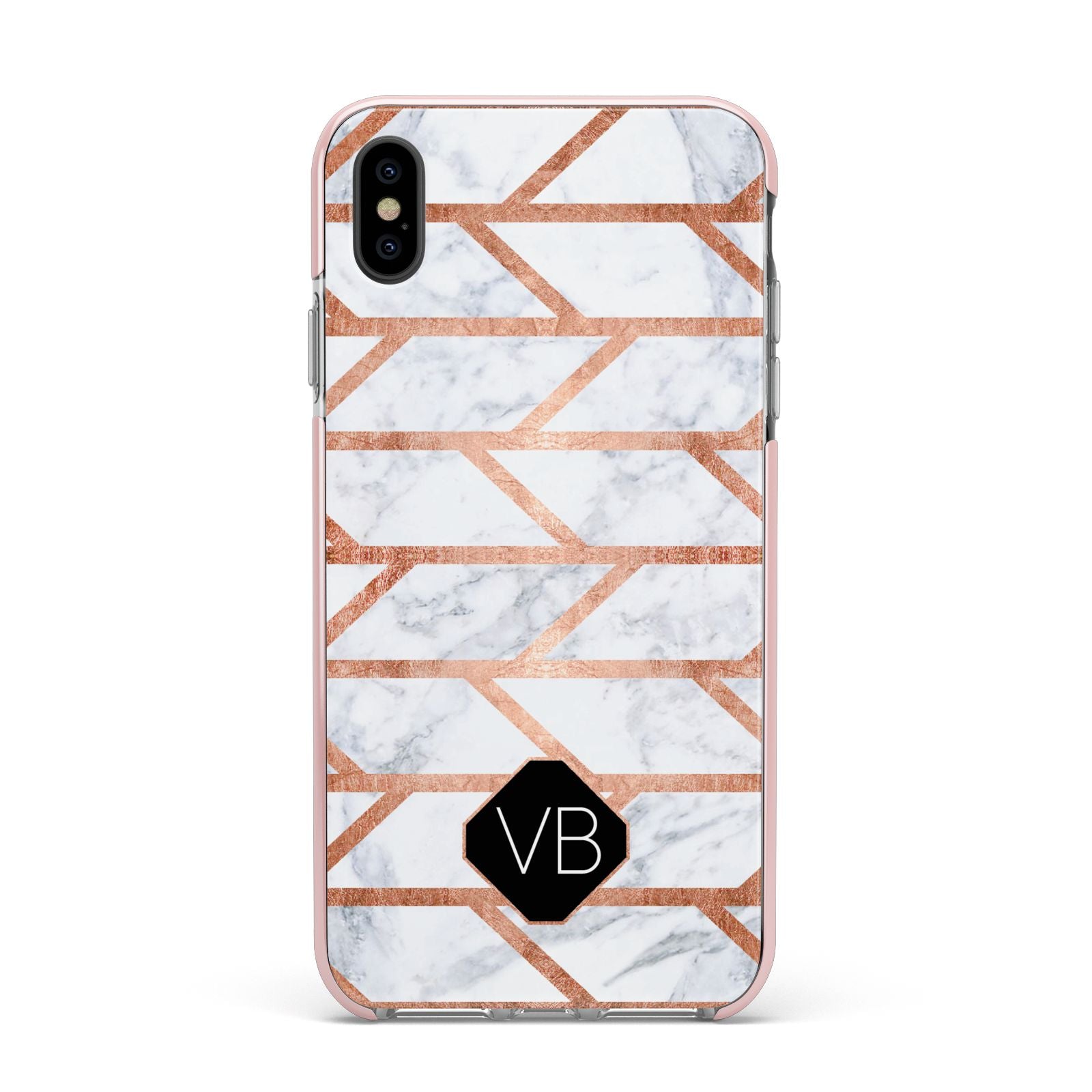 Personalised Rose Gold Faux Marble Initials Apple iPhone Xs Max Impact Case Pink Edge on Black Phone