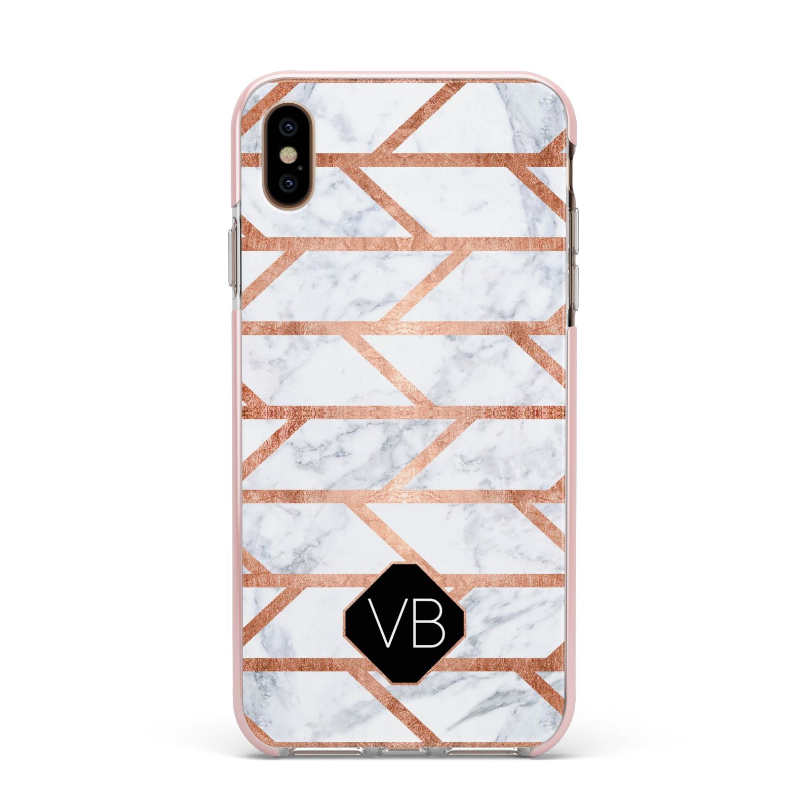 Personalised Rose Gold Faux Marble Initials Apple iPhone Xs Max Impact Case Pink Edge on Gold Phone