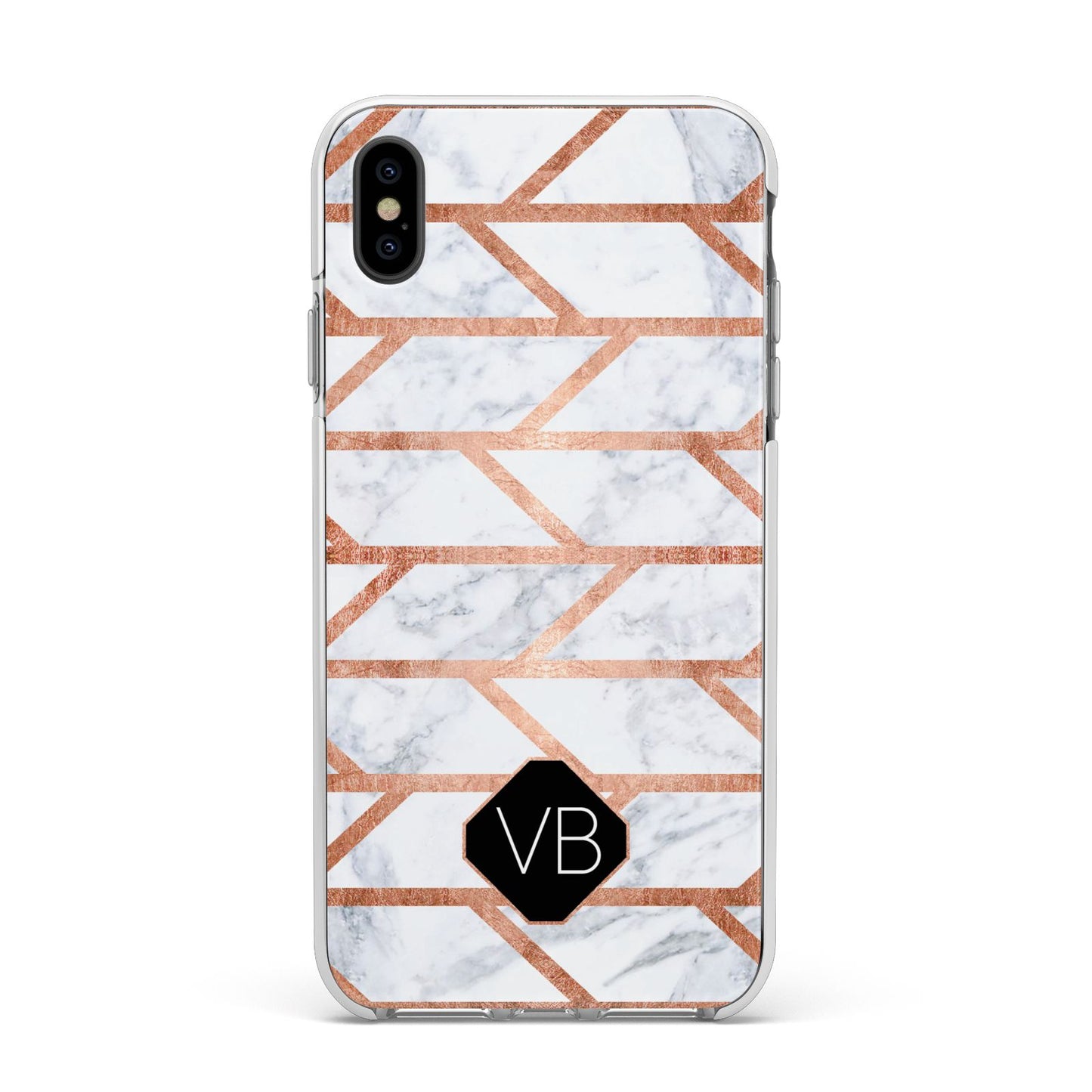 Personalised Rose Gold Faux Marble Initials Apple iPhone Xs Max Impact Case White Edge on Black Phone