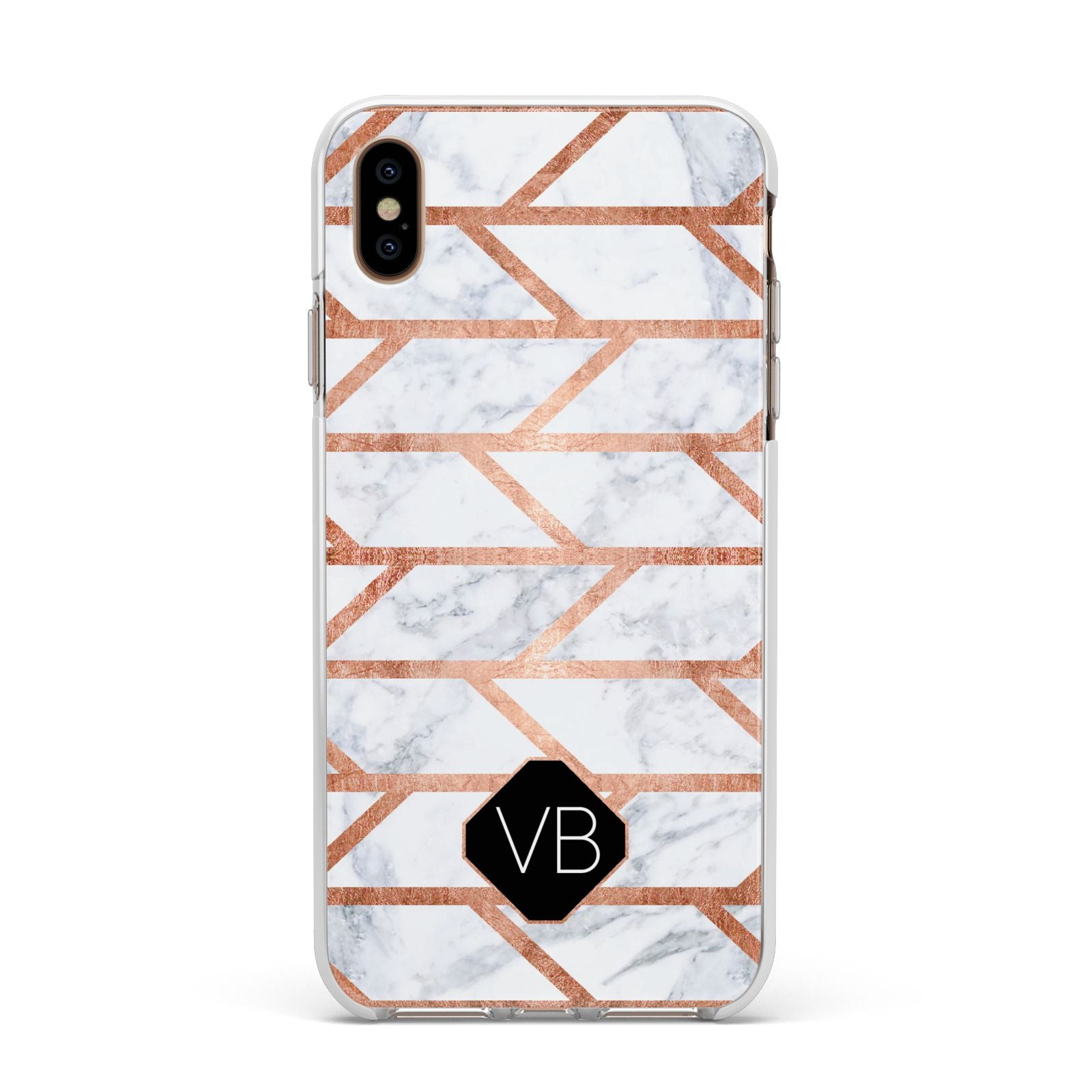 Personalised Rose Gold Faux Marble Initials Apple iPhone Xs Max Impact Case White Edge on Gold Phone