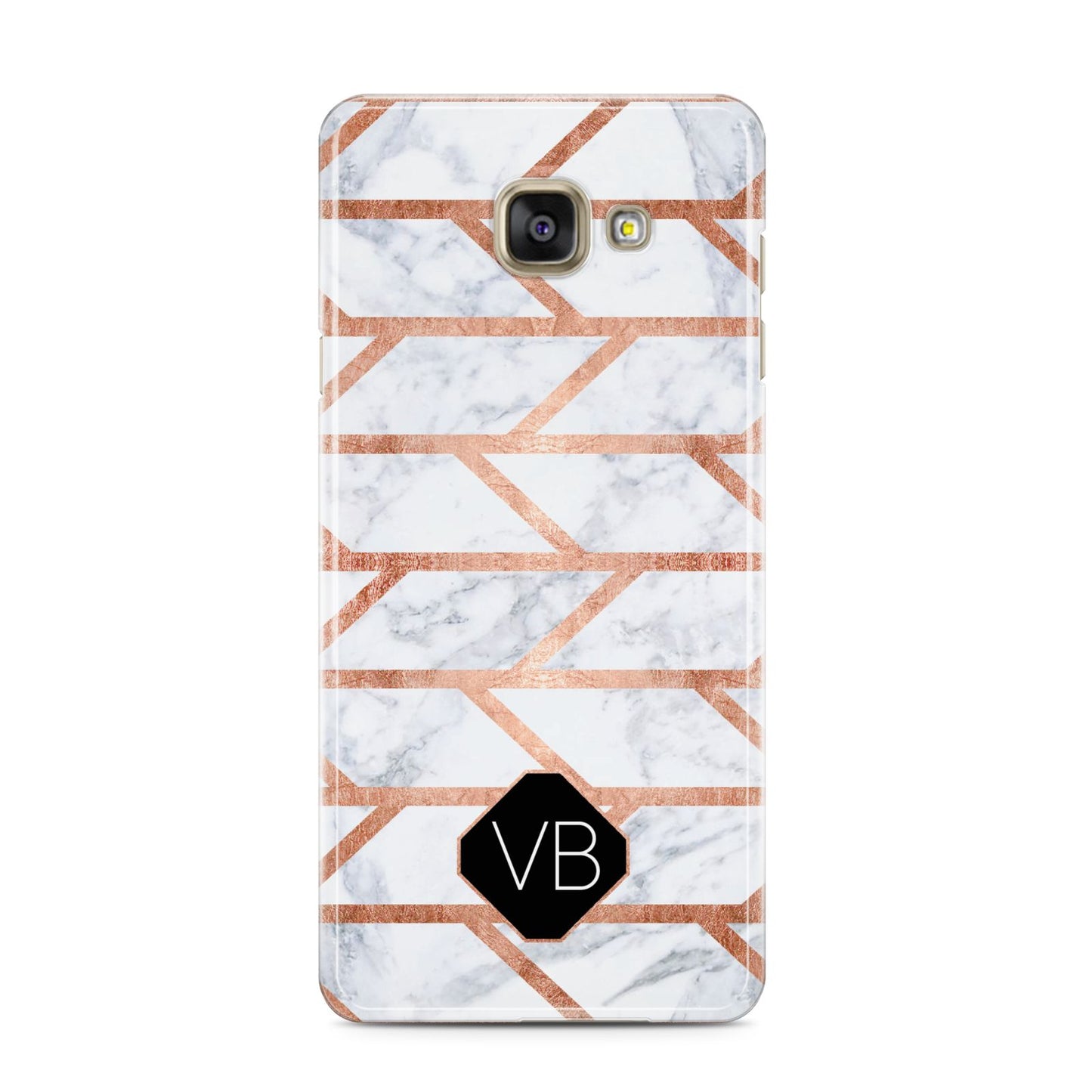 Personalised Rose Gold Faux Marble Initials Samsung Galaxy A3 2016 Case on gold phone