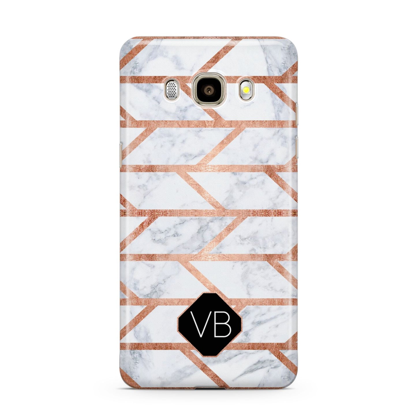Personalised Rose Gold Faux Marble Initials Samsung Galaxy J7 2016 Case on gold phone