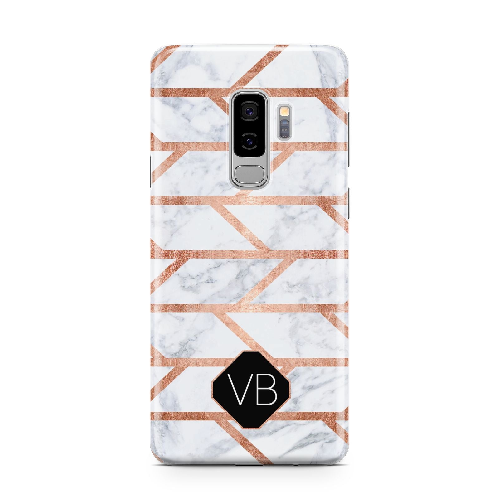 Personalised Rose Gold Faux Marble Initials Samsung Galaxy S9 Plus Case on Silver phone