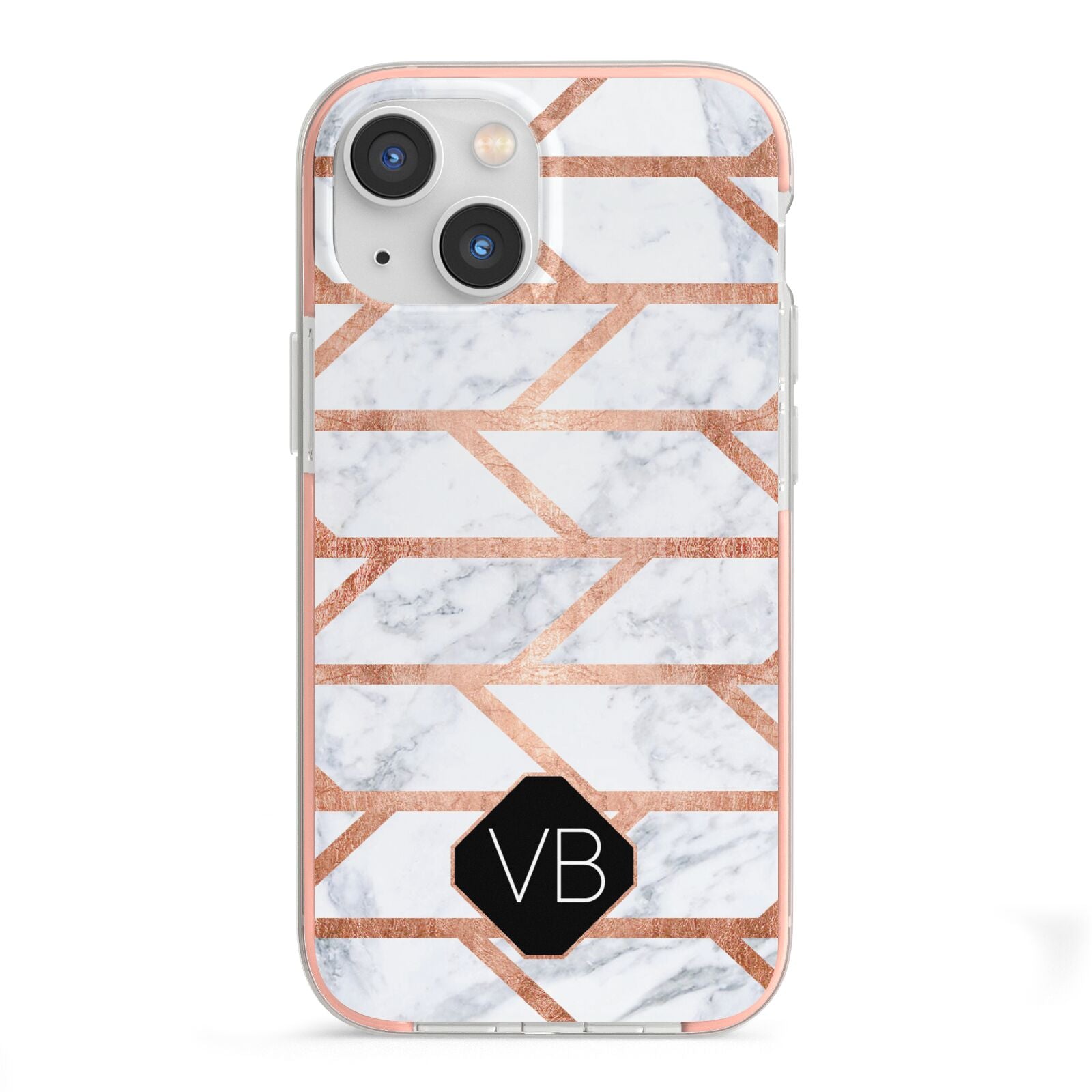 Personalised Rose Gold Faux Marble Initials iPhone 13 Mini TPU Impact Case with Pink Edges