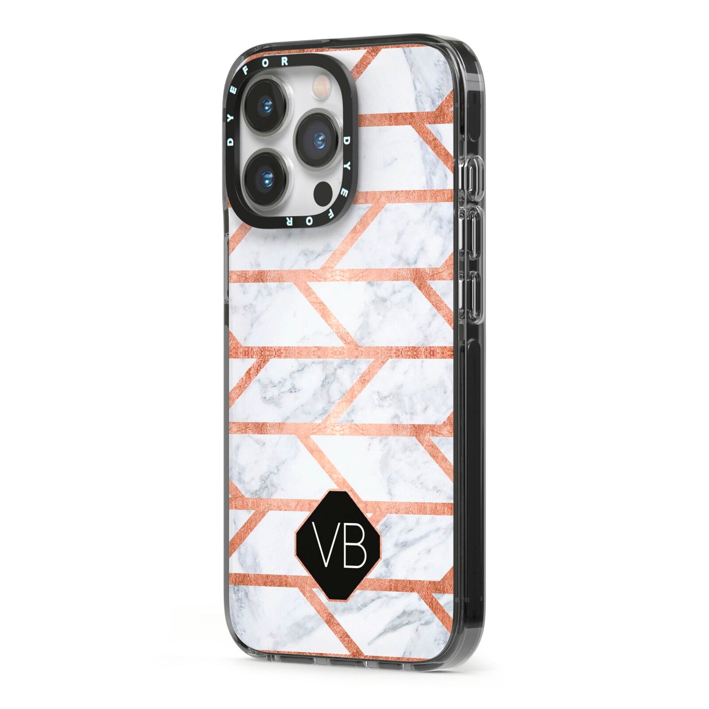 Personalised Rose Gold Faux Marble Initials iPhone 13 Pro Black Impact Case Side Angle on Silver phone