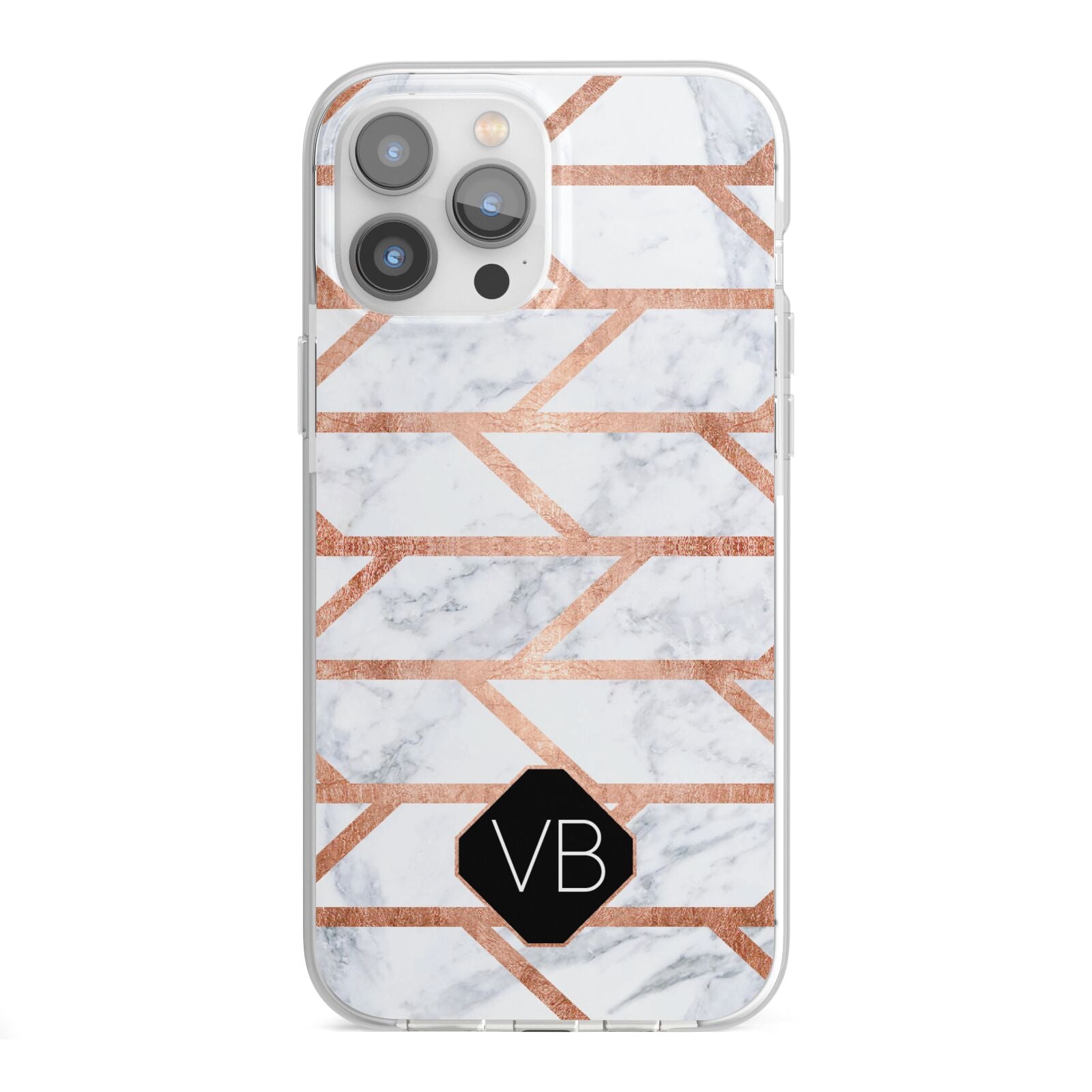 Personalised Rose Gold Faux Marble Initials iPhone 13 Pro Max TPU Impact Case with White Edges