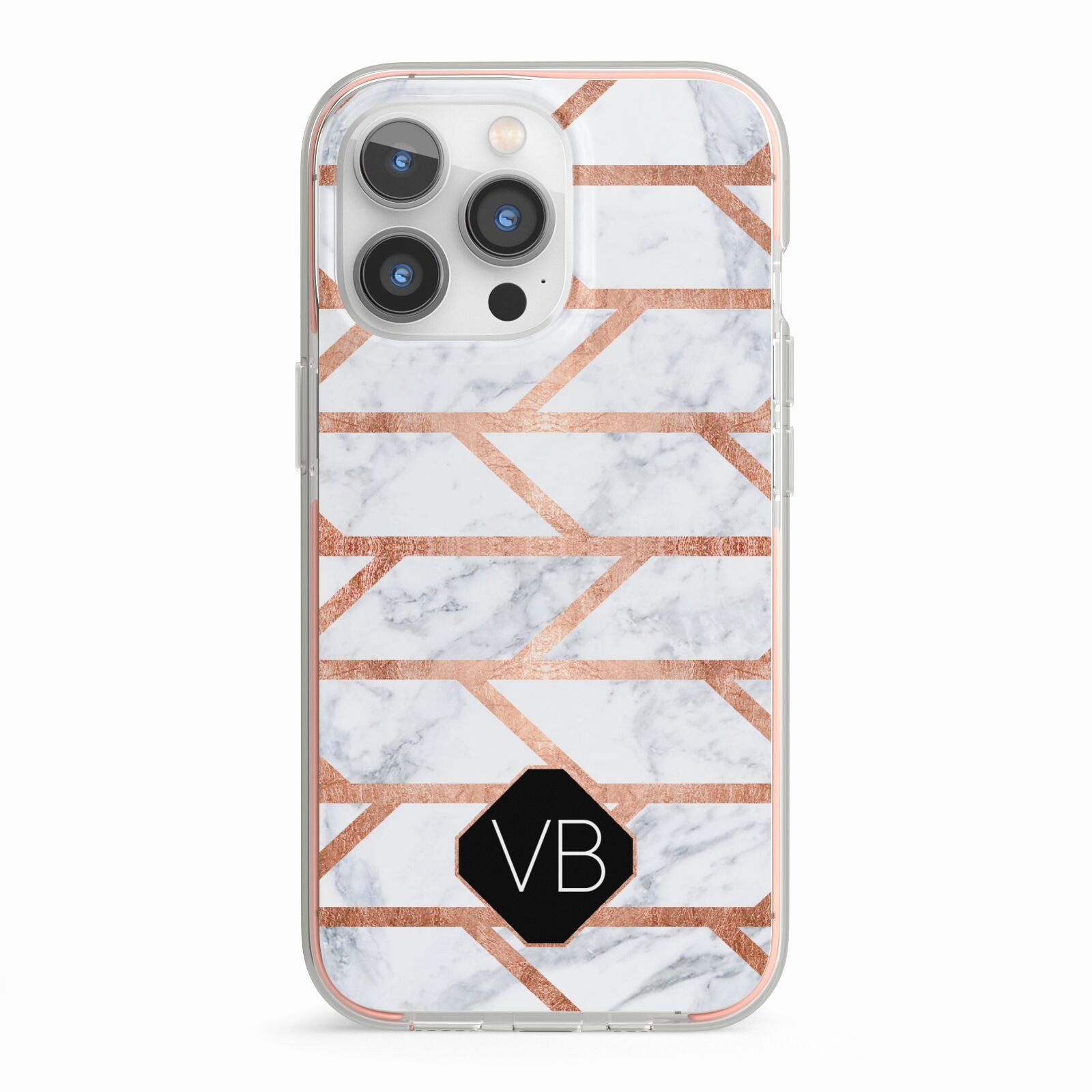 Personalised Rose Gold Faux Marble Initials iPhone 13 Pro TPU Impact Case with Pink Edges