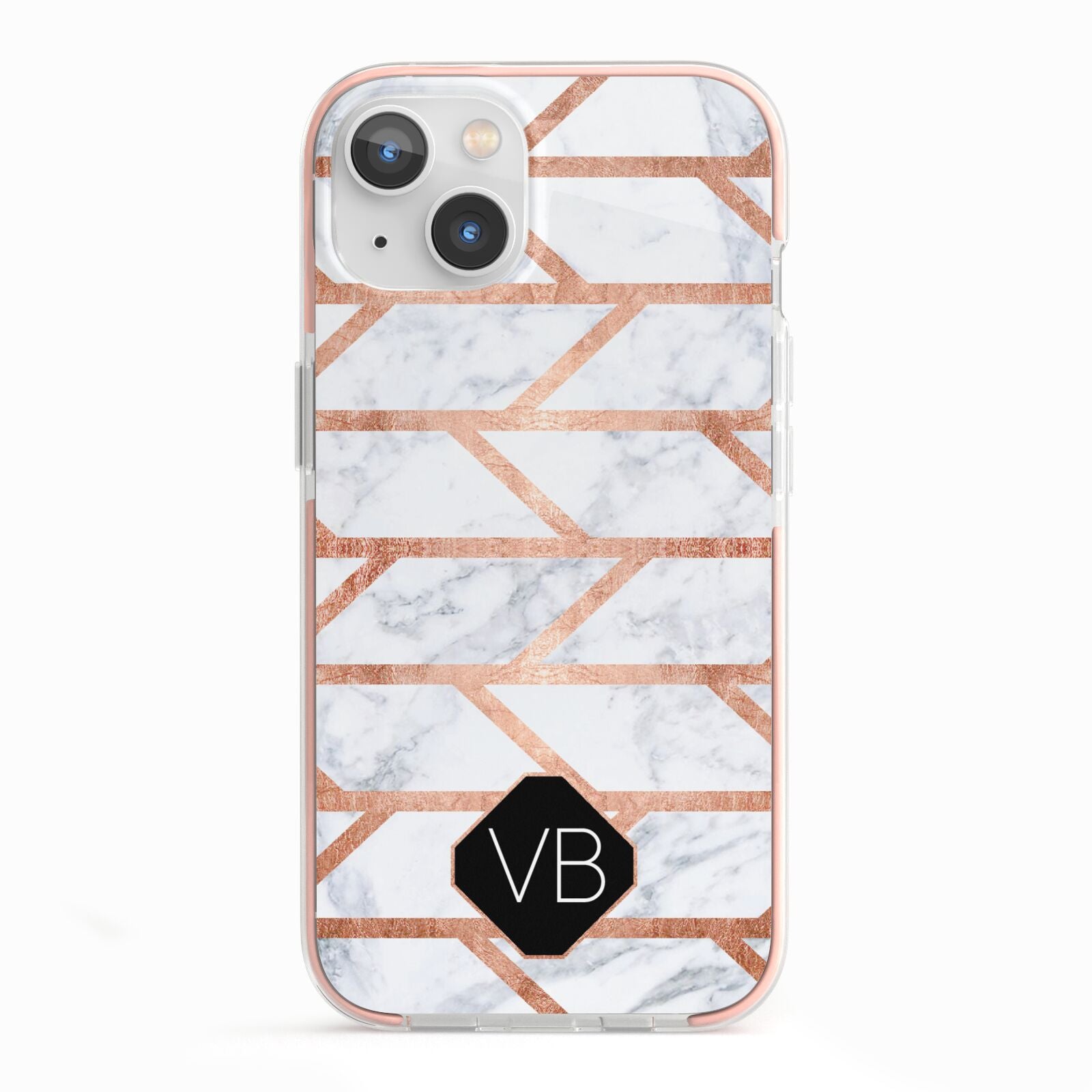 Personalised Rose Gold Faux Marble Initials iPhone 13 TPU Impact Case with Pink Edges