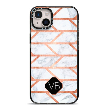 Personalised Rose Gold Faux Marble Initials iPhone 14 Plus Black Impact Case on Silver phone